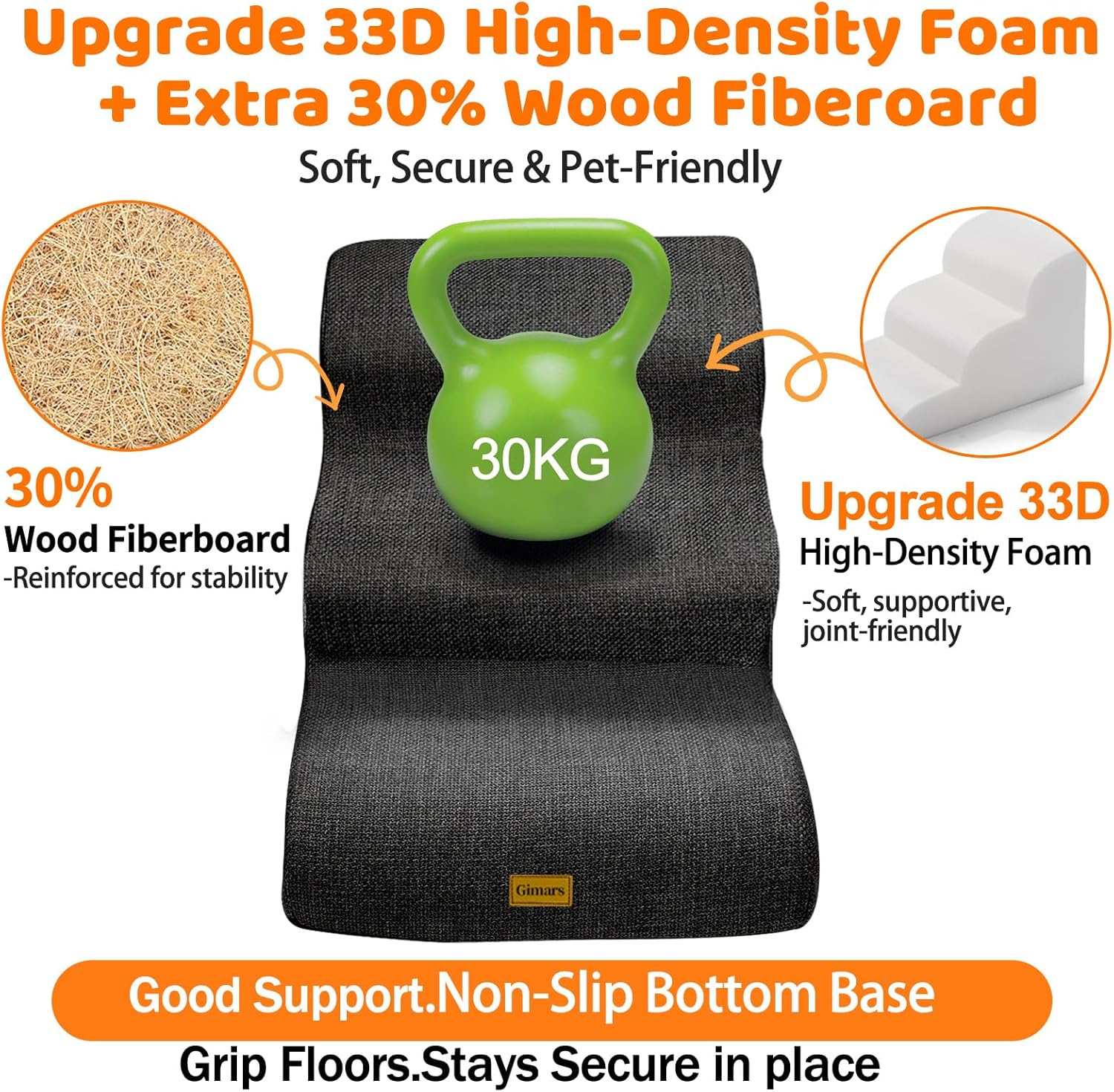 Gimars Extra Wide Sturdy 30D High Density Foam 3-Step Dog Stairs for Sofa, Pet Stair for Small Medium Dog Black