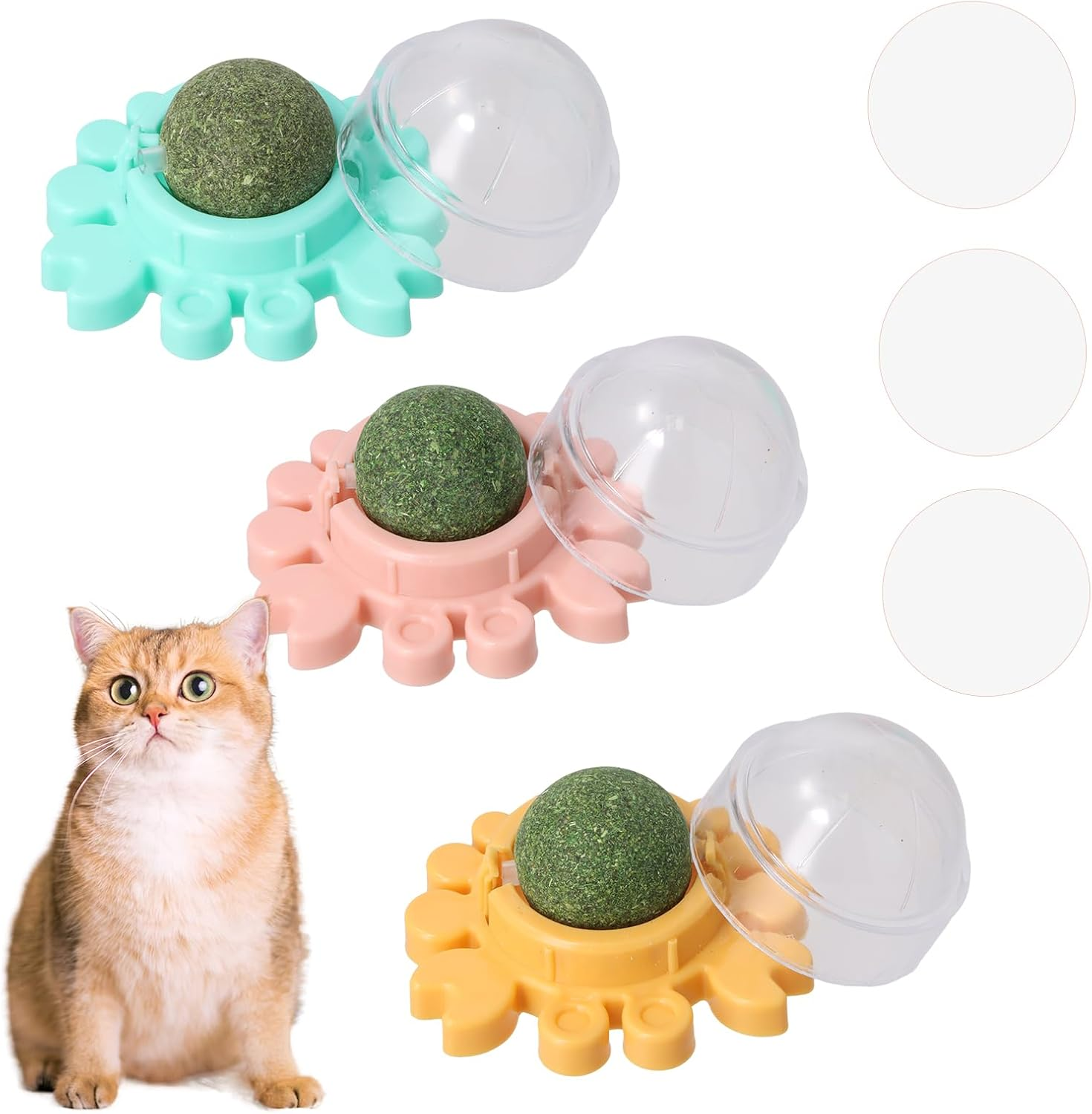 Decordwell Catnip Wall, Pack of 3 Rotating Catnip Ball, 360&deg; Rotatable Leaky Interactive, with Lid, Interactive, for Cleaning Teeth Intestinal Digestion (Pink, Green, Yellow) image number 4