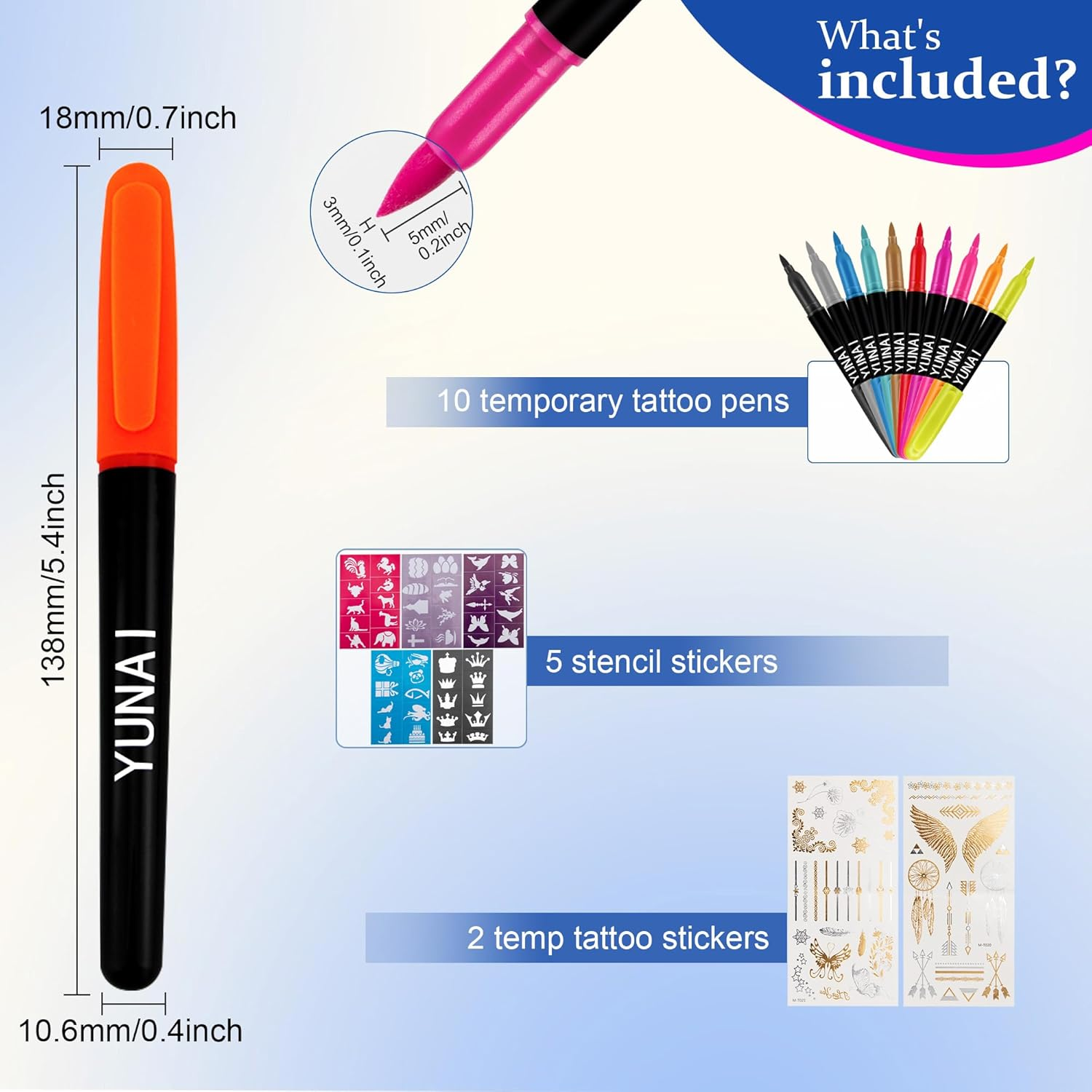 YUNAI Temporary Tattoos Markers for Skin, Tattoo Pen Kit with 10 Body Tattoos Pens 5 Tattoo Stencils 2 Tattoos Stickers for Adults, Fine Tip, Assorted Bright Colors image number 2