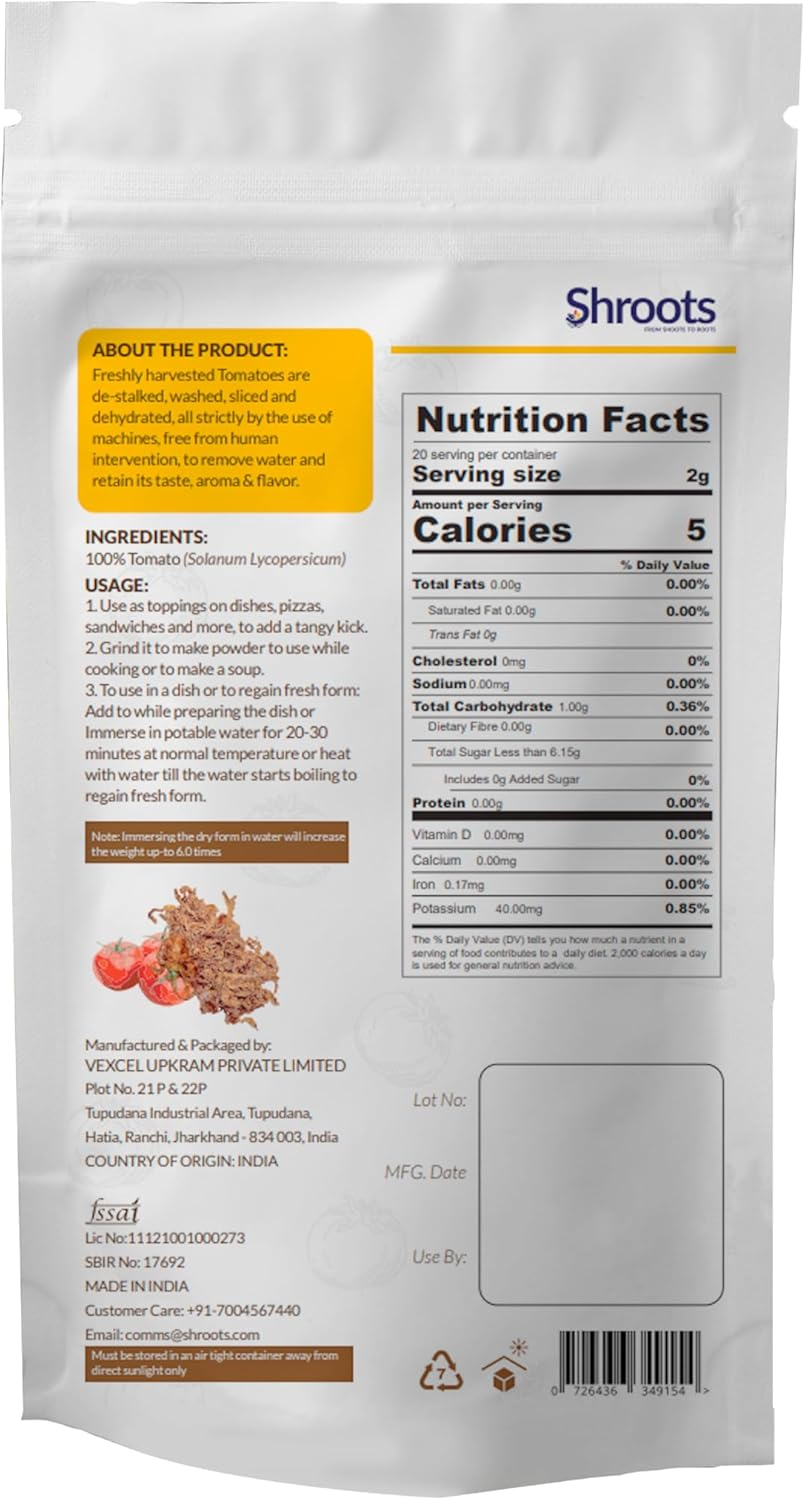 SHROOTS Dehydrated Tomato Flakes Pure Vegetarian Gluten-Free No Added Salt Easy Cooking Essential Machine Dried Vegetables with Natural Aroma Perfect for Soups, Sauces and Seasoning 1.41 Oz, Pack of 1 image number 1