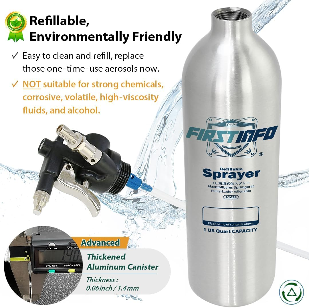 FIRSTINFO A1639 Patented 1000Ml Aluminum Canister Aerosol Refillable Spray Can | Pneumatic Compressed Air Sprayer | Max. Pressure 140 Psi | Short Nozzle with Mist Spray and Long Nozzle with Jet Stream image number 4