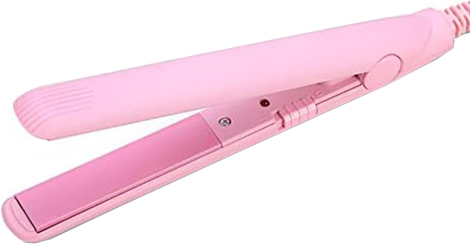 GERUI 2-In-1 Mini Hair Straightener, Curling Rod, Straight Board Curler, Straightener, Ceramic Heating Plate, Portable Ceramic Flat Curling Iron, Hair Curler for Women, Short Hair, Pony, Beard (Pink)