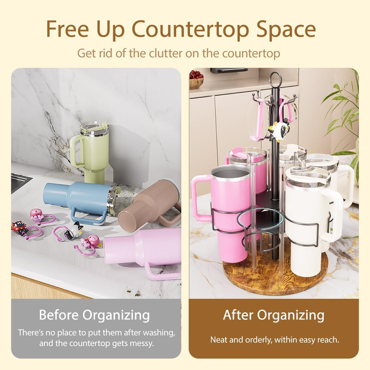 Blissify Water Bottle Organiser for Stanley 40Oz/30Oz Tumbler with Handle & Hooks, Rotating Stanley Cup Organizer Holder, Tumbler Storage Lazy Susan, Vintage Brown - Black image number 4