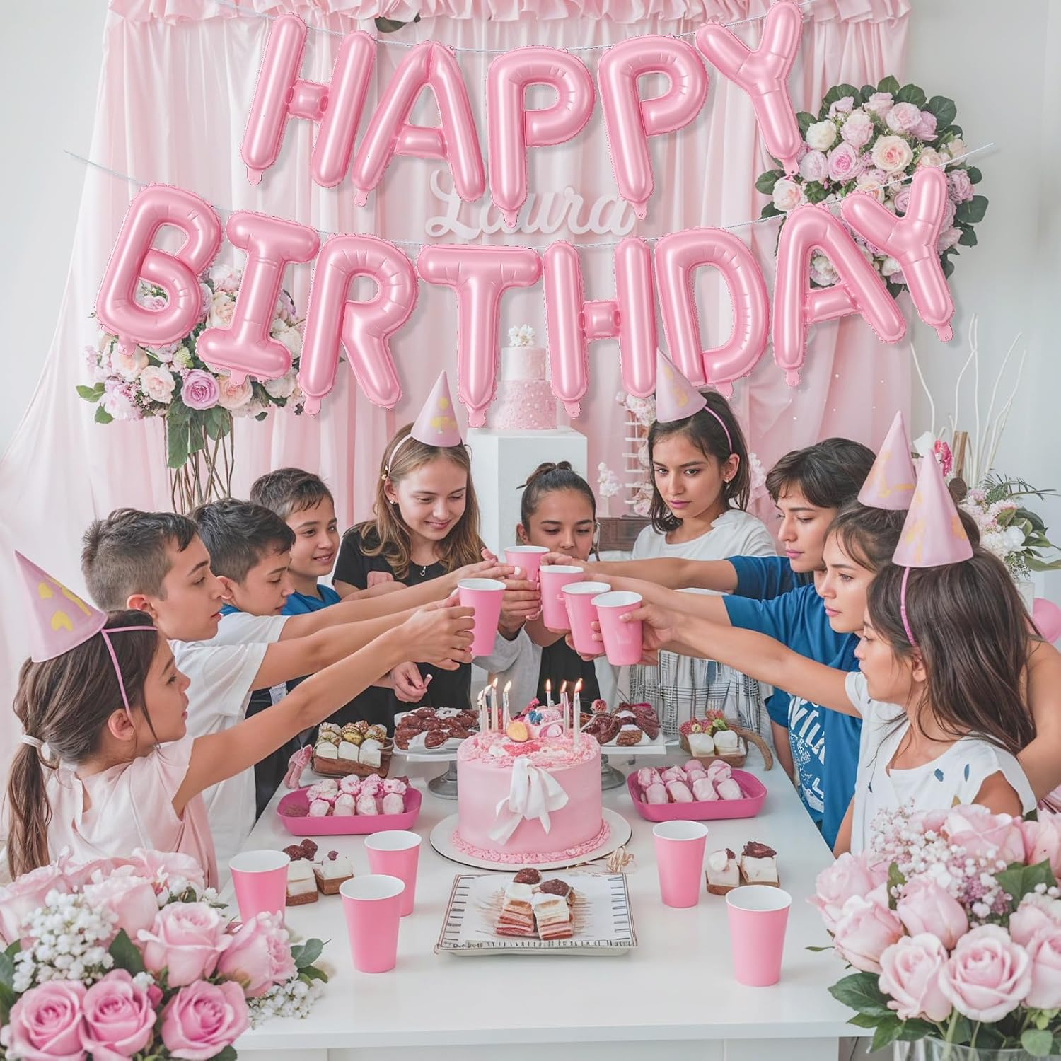 Pink Happy Birthday Balloon Banner, 16 Inch Pastel Pearl Baby Pink Self Inflating Happy Birthday Mylar Foil Balloon, Birthday Bunting Banner Letter Balloons for Girls Women Birthday Party Decorations image number 5