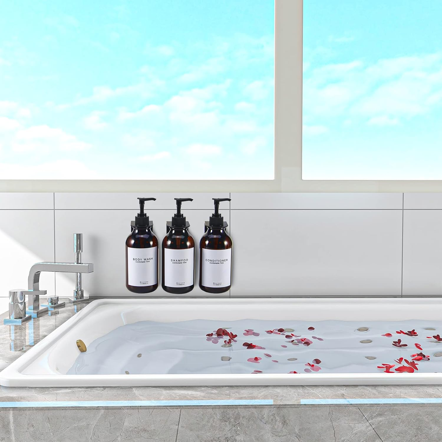 GOYISEE Shampoo and Conditioner Dispenser for Shower Wall, 3 Chamber, Refillable Bottles with 3 Wall Mounts, Waterproof Labels and Pumps (3 Bottles 3 Wall Mount-Brown) image number 2