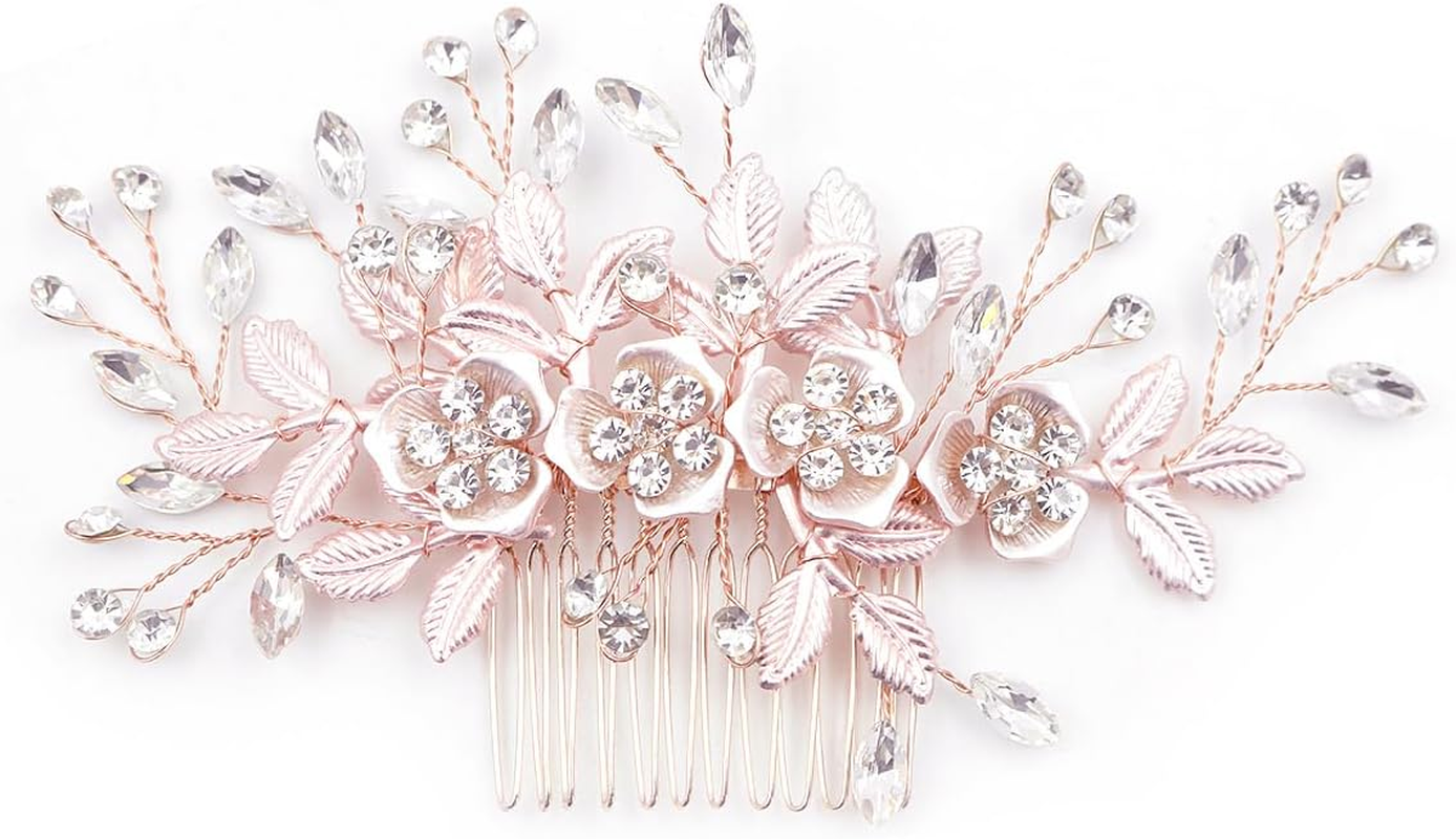 CENPEK Wedding Hair Pin for Women Rose Gold Rhinestone Wedding Hair Pin Handmade Floral Rhinestone Headpiece for Bride Bridesmaids Hair Pin image number 2
