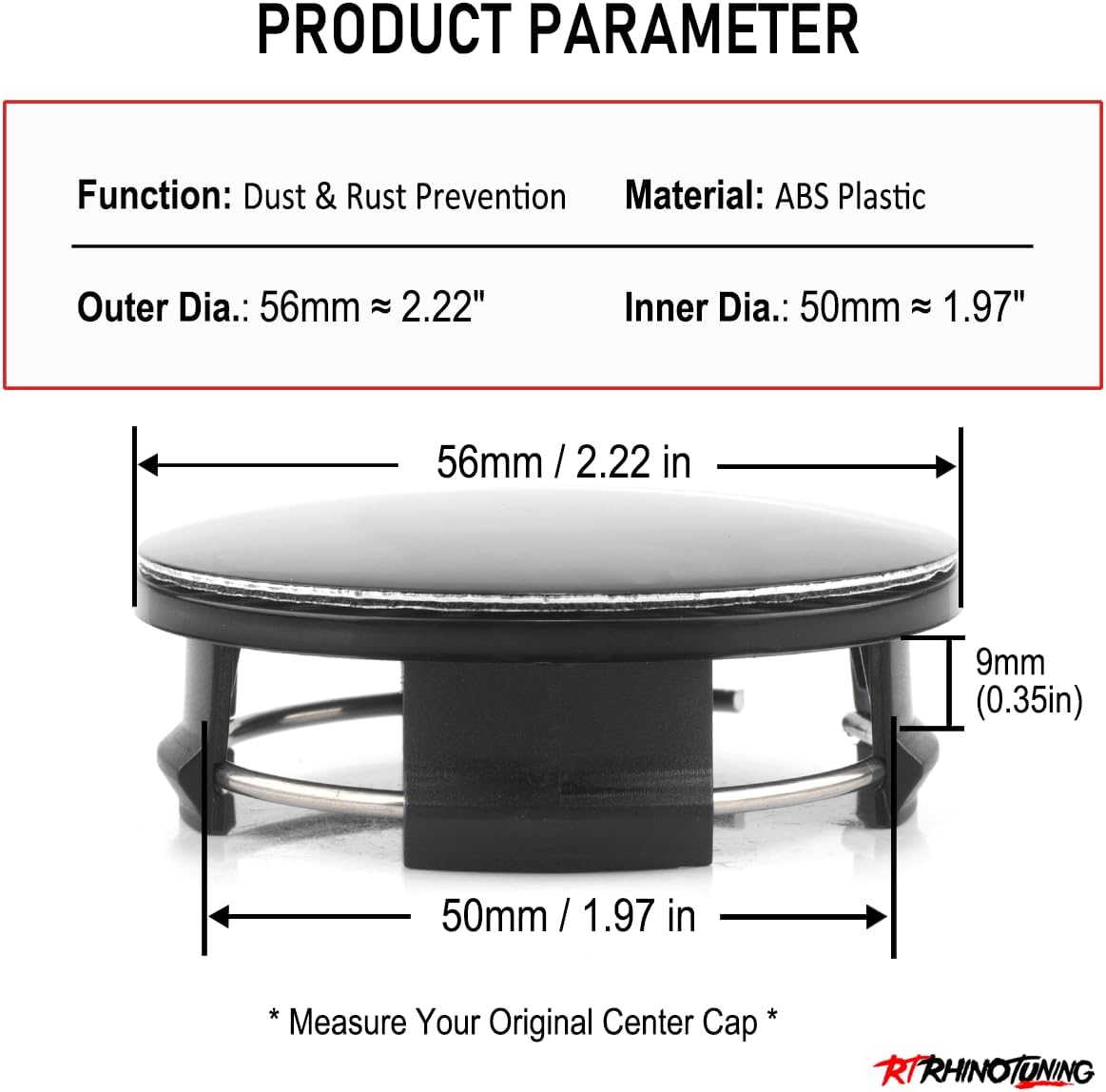 Rhinotuning Set of 4 Wheel Caps Outer Diameter 57Mm Hub Centre Caps, Clip Diameter 50Mm for Mazda 3 Series Black Wheel Center Cap image number 1
