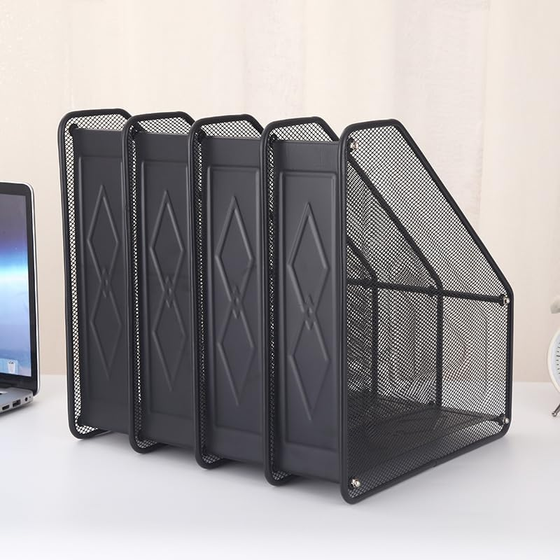 Mesh Desktop File Folder Organiser, 4-Compartment Desk Organiser for Document Folders, Vertical Filing Cabinet for Letter Mail Folder, Black Book Magazine Holder image number 3