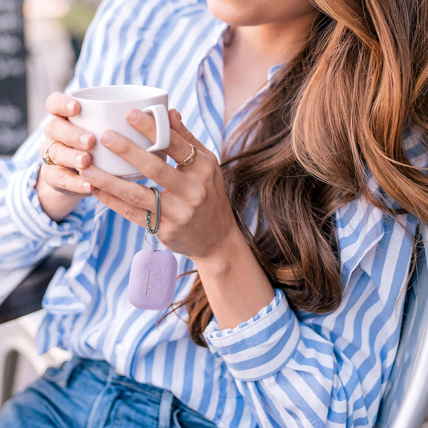 WJK Compatible with Apple Airpods Pro 2Nd Generation Charging Case, Soft Silicone Flower Engraved Protector with Keychain for Airpods Pro Case 2Nd/Airpod Pro Case, Front LED Visible, Lavender - Lavender image number 5