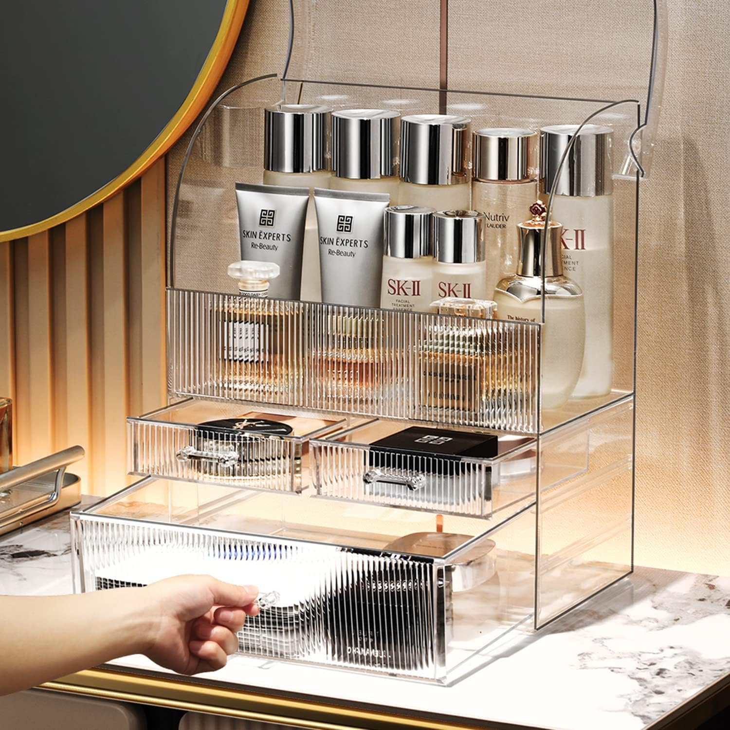 Makeup Organiser Storage, XL Large Acrylic Cosmetics Organiser Skincare Display Case with Waterproof Dustproof Cover for Bedroom Bathroom Desktop(Stripe-Xl) - Translucent Stripe image number 6