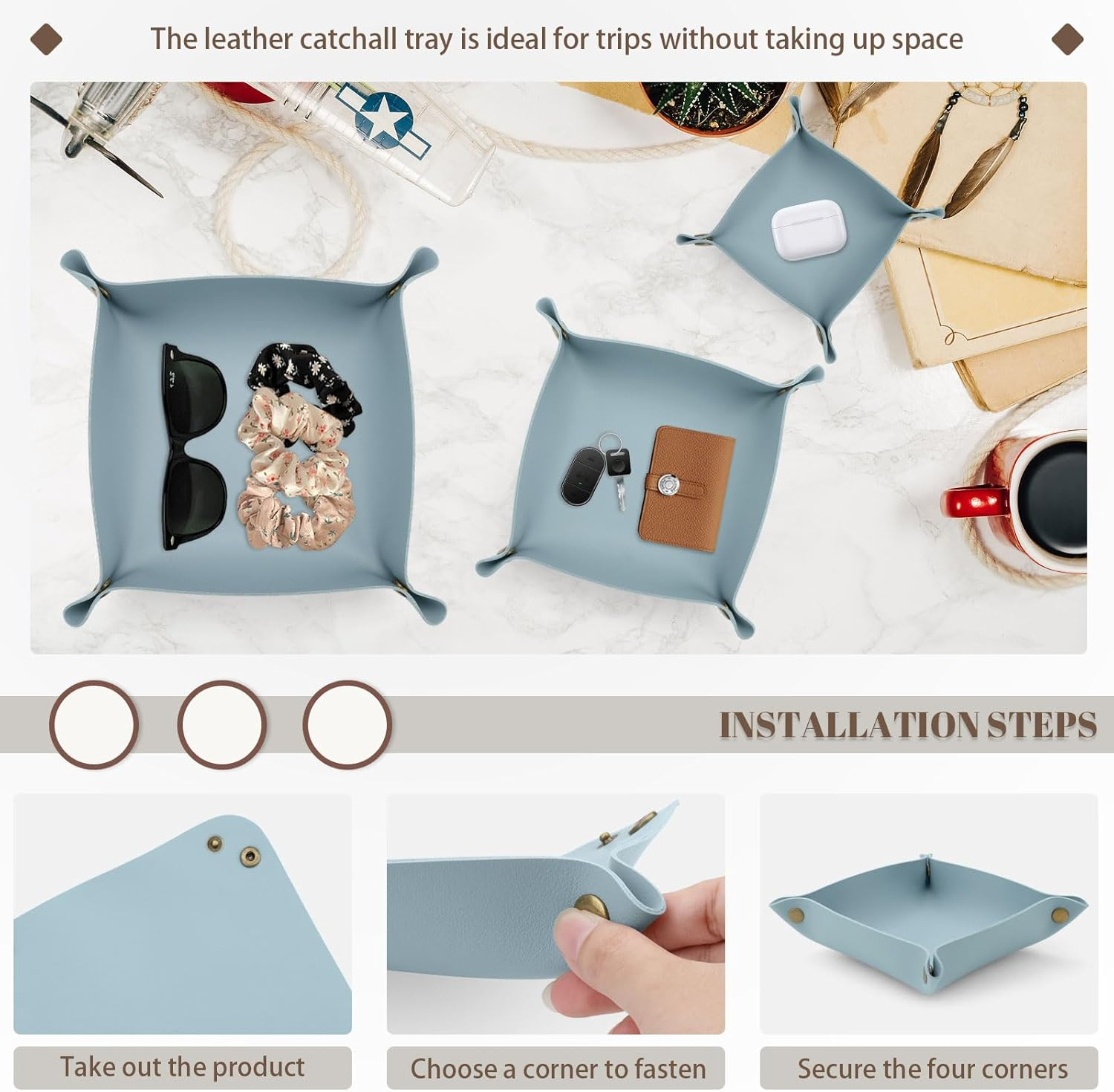 Sekonow 3 Pack Leather Valet Tray, 3 Sizes Catchall Tray Desk Organizer for Key Jewelry Trinket Watch Perfume Coin, for Entryway Table Nightstand Dresser Vanity Travel, Blue - Blue image number 2