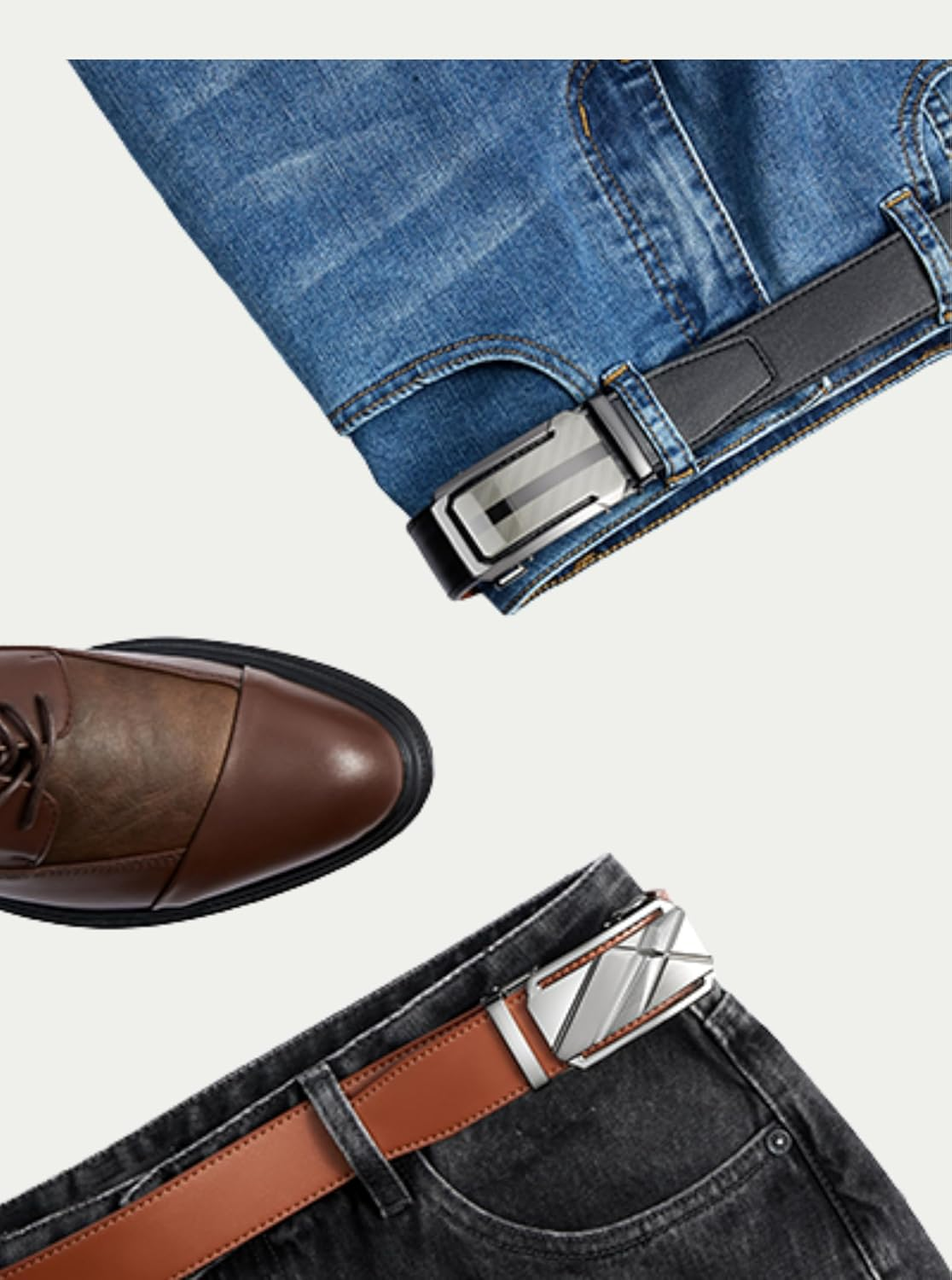 Skiporty Mens Belt 2 Pack Leather Ratchet Dress Belt Double Style in Gift Box for Pants Jeans Comfort Click image number 4