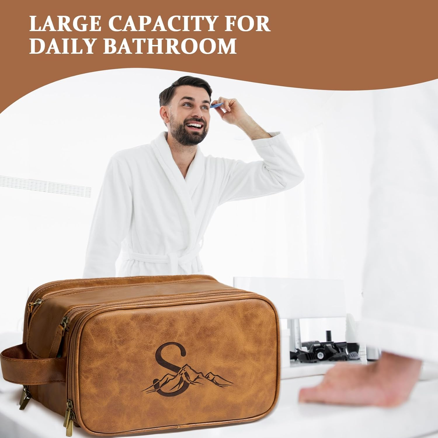 Janhavi Toiletry Bag for Men Waterproof, Groomsmen Gifts Personalized Leather Engraved Initials & Mountain, Mens Toiletry Travel Bag, Anniversary Gifts for Men, Travel Tssentials, Brown, M image number 2