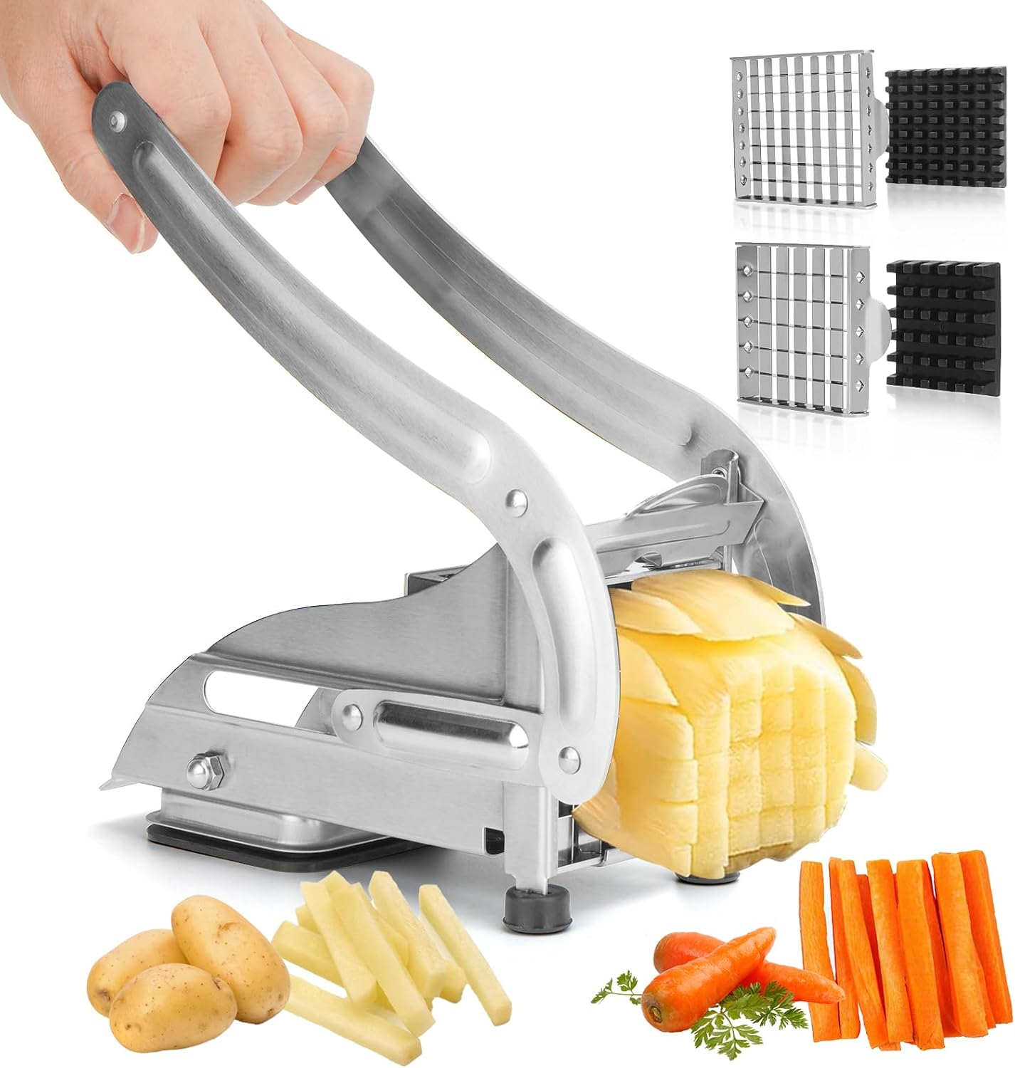 Commercial Grade French Fry Cutter,French Fry Cutter with 2 Blades,Stainless Steel Vegetable and Potato Slicer,Heavy Duty Potato Slicer,Non-Slip Suction Base,Perfectly Cut Potatoes (Silver) image number 3