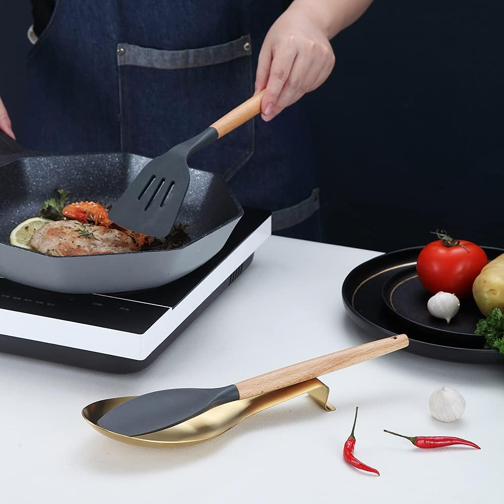 Matte Gold Spoon Rest, Stainless Steel Spoon Holder for Stove Top, Kitchen Utensils Holder for Ladles, Tongs, Spatula, Stove Spoon Holder, Pot Lid Holder, Dishwasher Safe (1PC-9.5 Inch) image number 4