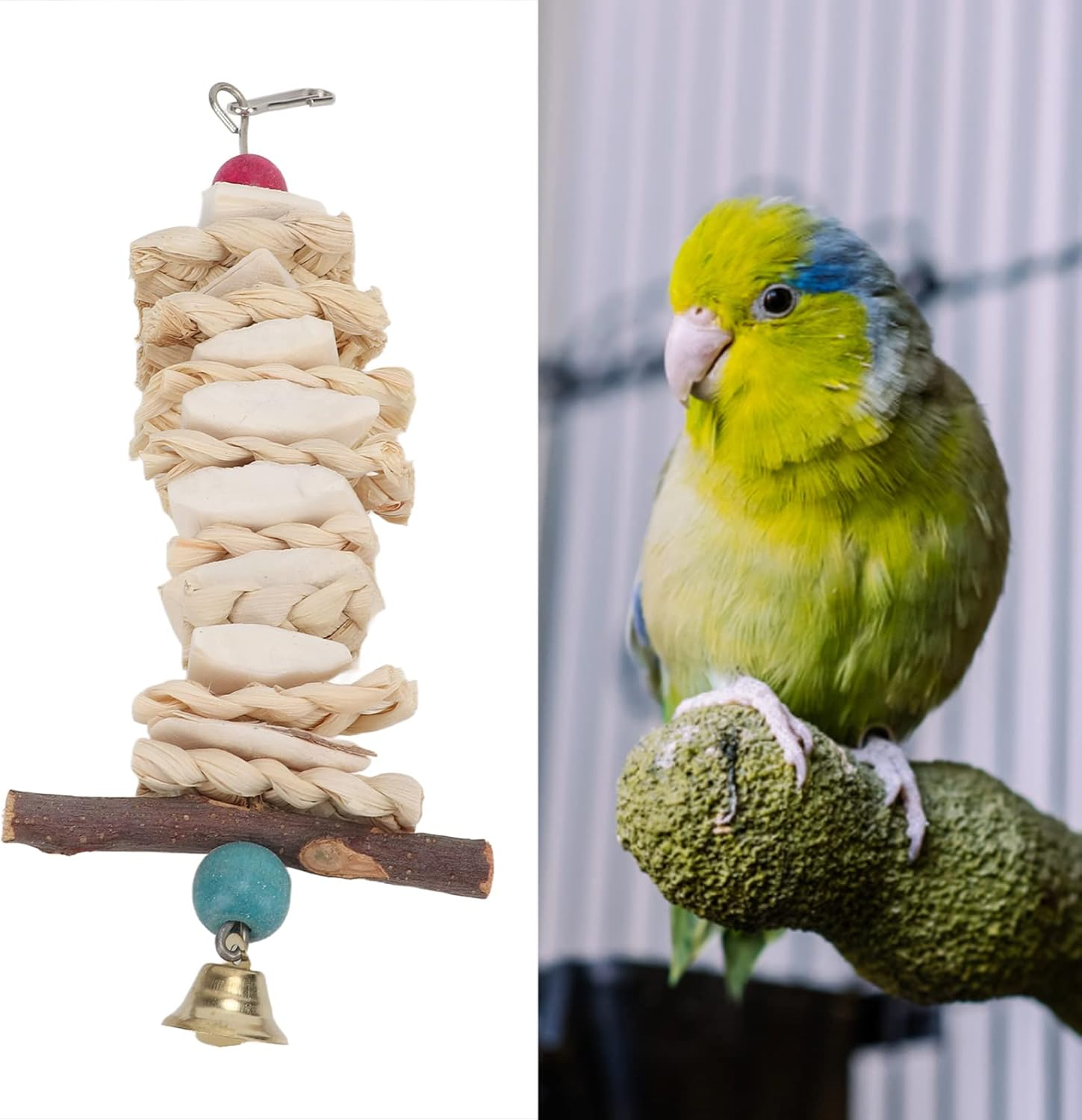 Bird Cuttlebone Toy, Bird Chewing Toy, Colorful Hanging Hand Made Cuttlefish Bone Toy, Parrot Toys Chewing Bird Toy Cuttle Bone Beak Grinding Cage Hanging Bell Toys for Parrots Budgie African Greys