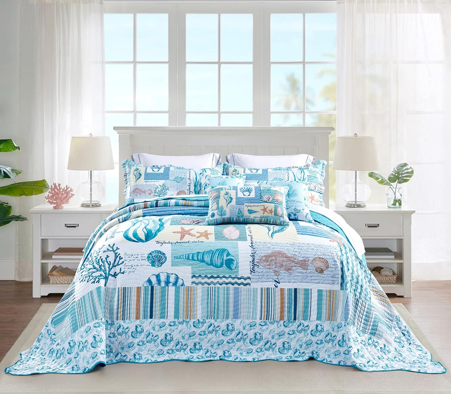 HZ & HY Coastal Oversized King Bedspread, Lightweight Beach Bedding Nautical Quilt, Real Stitching, Reversible, 6 Piece, 100% Microfiber, King/Cal King, Seahorse