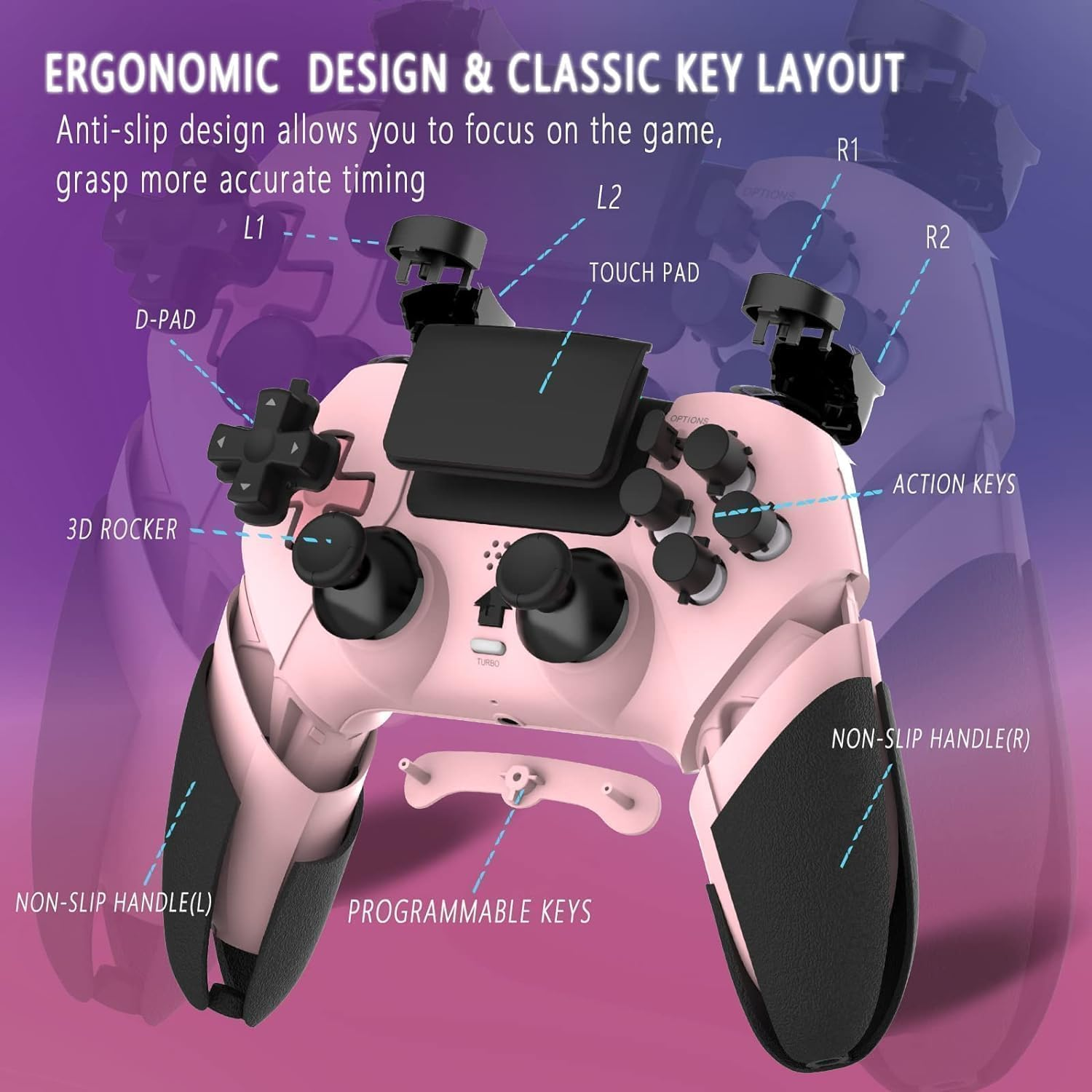Wireless Pro Controller for PS4 Controller, Game Controller Compatible with Playstation 4/ Slim/ Pro/ PC, Built-In 800Mah Rechargeable Battery/ Responsive Joystick and Buttons/ Audio/ Turbo (White & Black) (Pink+Black) image number 3
