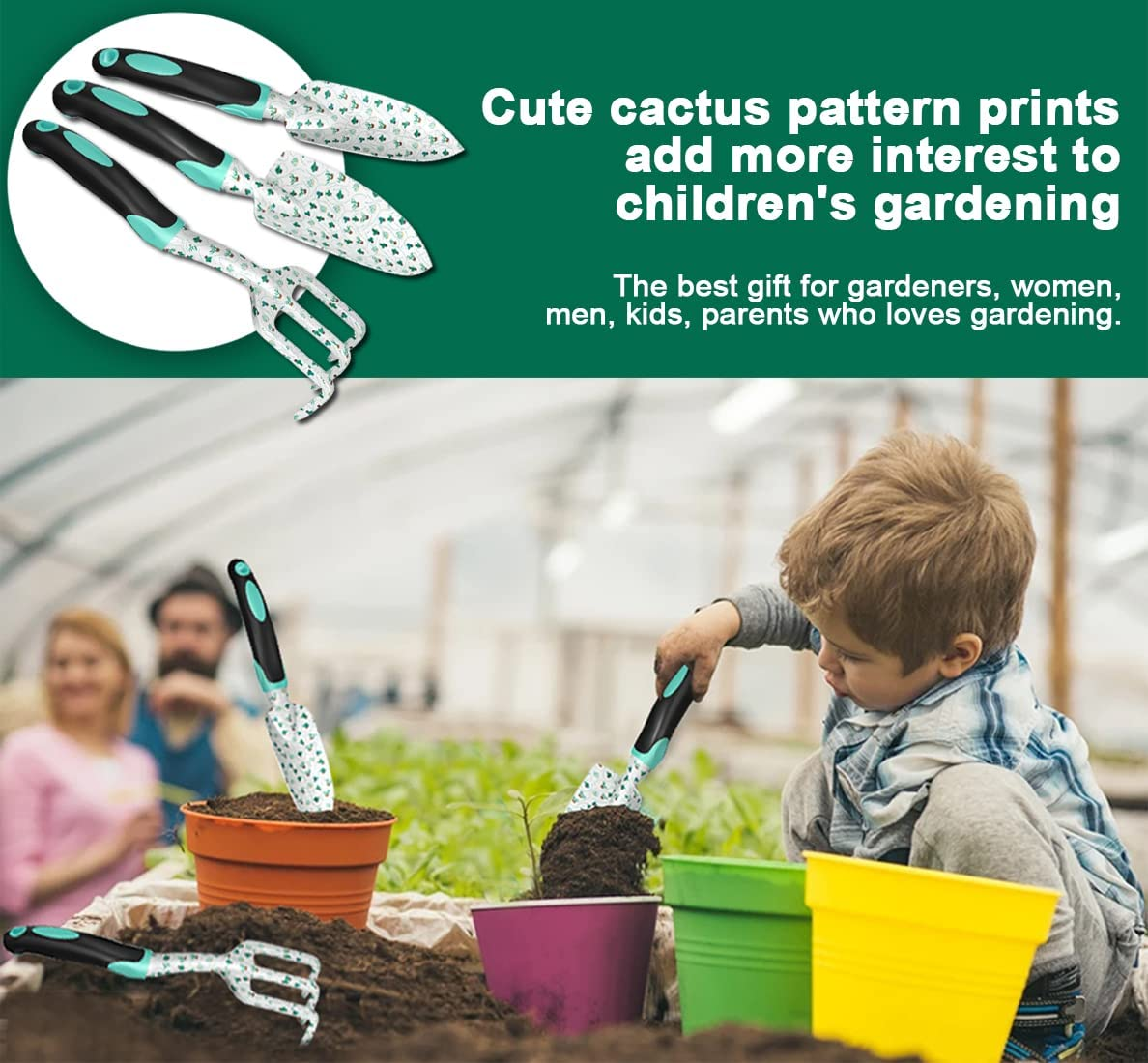 ESOW Garden Tool Set with Non-Slip Rubber Handle, 3 Piece Cast-Aluminum Heavy Duty Gardening Kit Includes Hand Trowel, Transplant Trowel and Cultivator Hand Rake, Cactus Pattern Printed image number 6