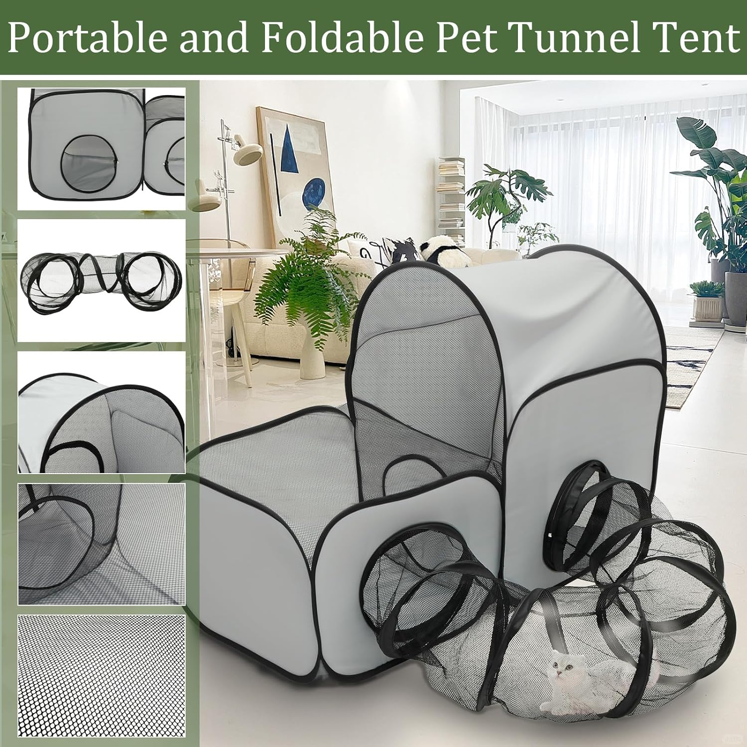 Cat Playpen with Surround Tunnel, Outdoor Cat Enclosure with Storage Bag, Foldable Pet Playpen for Small Animals, Breathable Pet Tent Outdoor for Backyard, Camping, Travel (Color B) - Color B image number 2