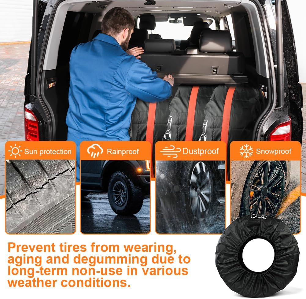 Adiwo Car Spare Tire Covers 4 Pack, 13-18 in Tyre Bag Set, Diameter 66Cm Wheel Protection Cover, Tyre Bags with Handle, Waterproof Dustproof Auto Spare Tires Storage Bags for Car UV SUV Truck, S image number 2