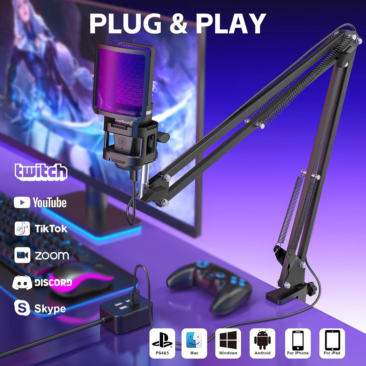 Zealsound Gaming USB Microphone,Noise Cancellation Condenser Mic,Rgb Microphone with Mute,Gain,Monitoring,Boom Arm,Pop Filter for Phone,Pc,Computer,Ps4,Ps5,Mac,Streaming,Podcast,Twitch,Youtube,Discord image number 4