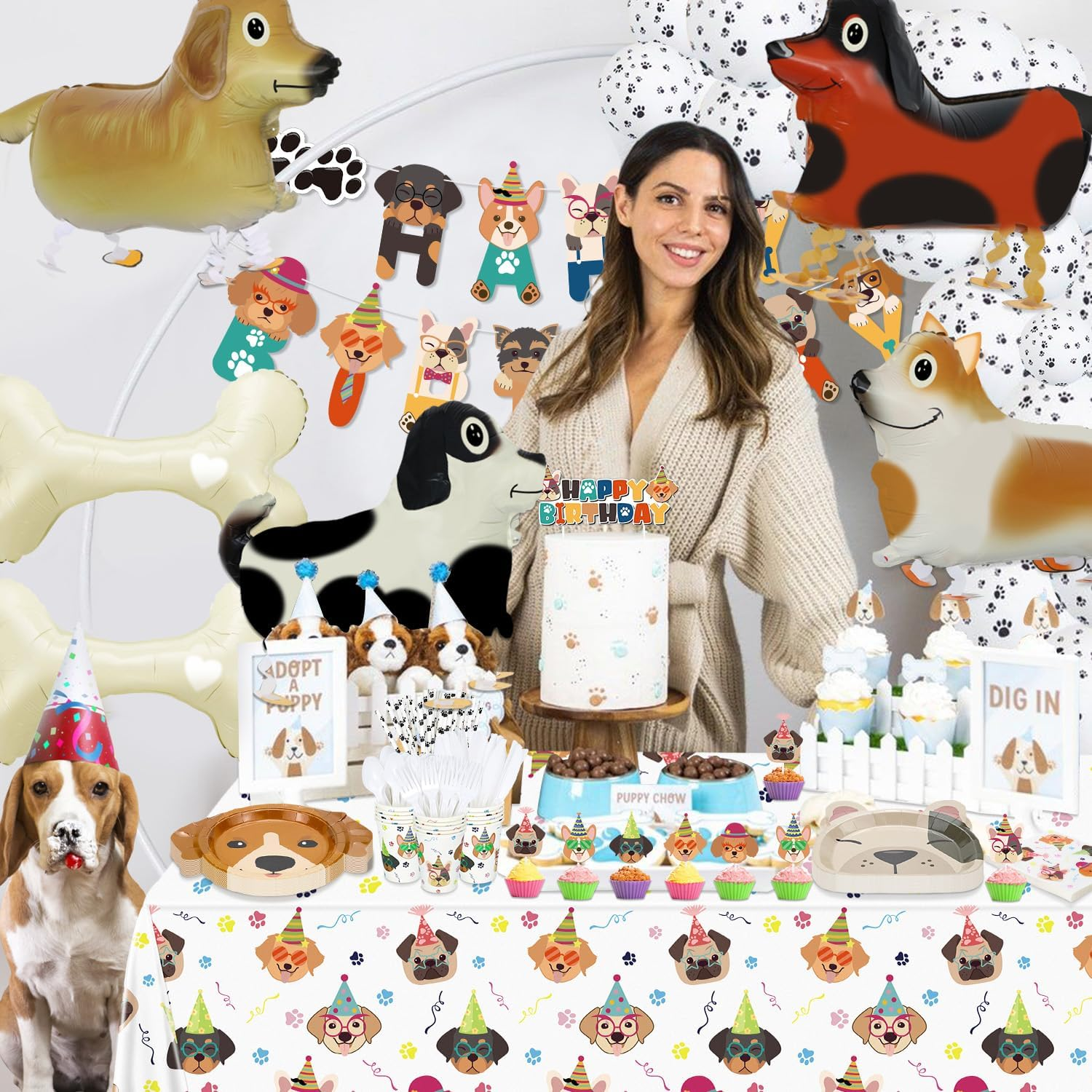 Dog Birthday Party Supplies - Cut Puppy Dog Paw Party Supplies for Doggy, Kids, Birthday Includes Plates, Cups, Napkins, Tableware, Tablecloth, Banner, Balloons, Cake Toppers - Serves 20&hellip; image number 4