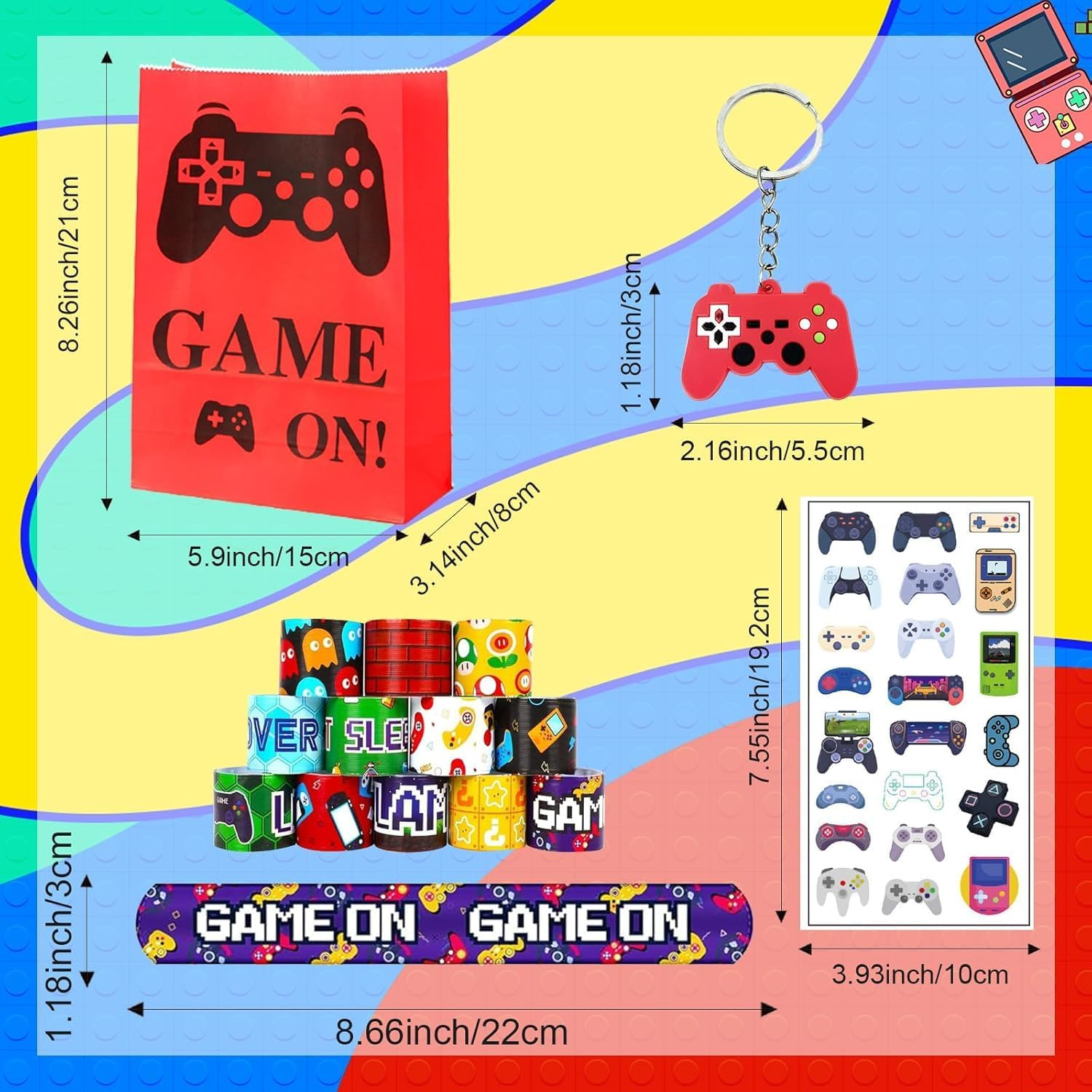 98 Pcs Video Game Party Favors, Party Favors - 12 Set of Party Supplies Included Gift Bags,Game Keychain,Slap Bracelet,Stickers,Temporary Tattoos for Birthday Party Supplies image number 4