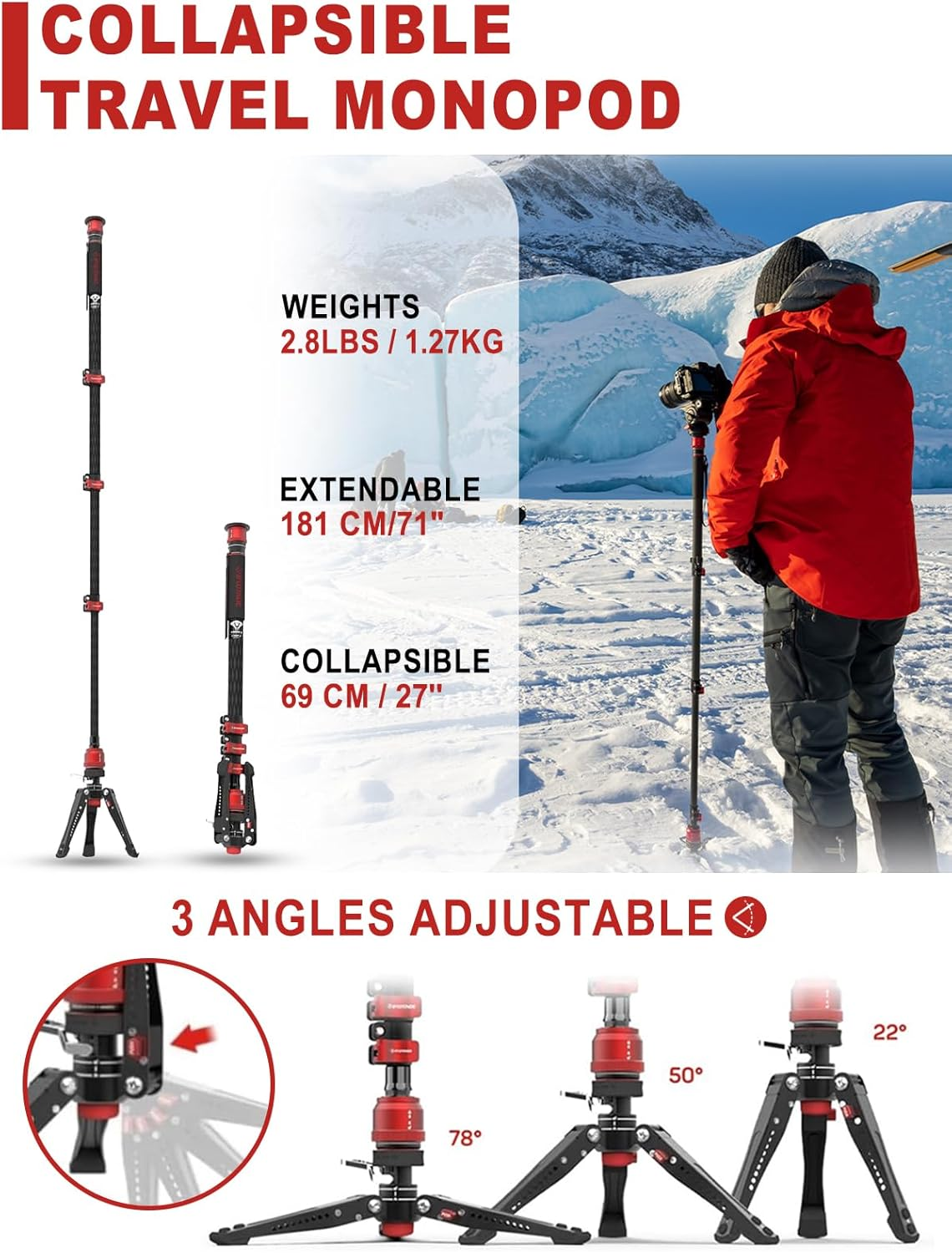 IFOOTAGE Cobra 3 Monopod with Pedal C180F-P, 71" Professional Carbon Fiber Travel Video Camera Monopod with Tripod Base, Payload 17.64 Lbs, Compatible with DSLR, Cameras, Camcorders image number 1