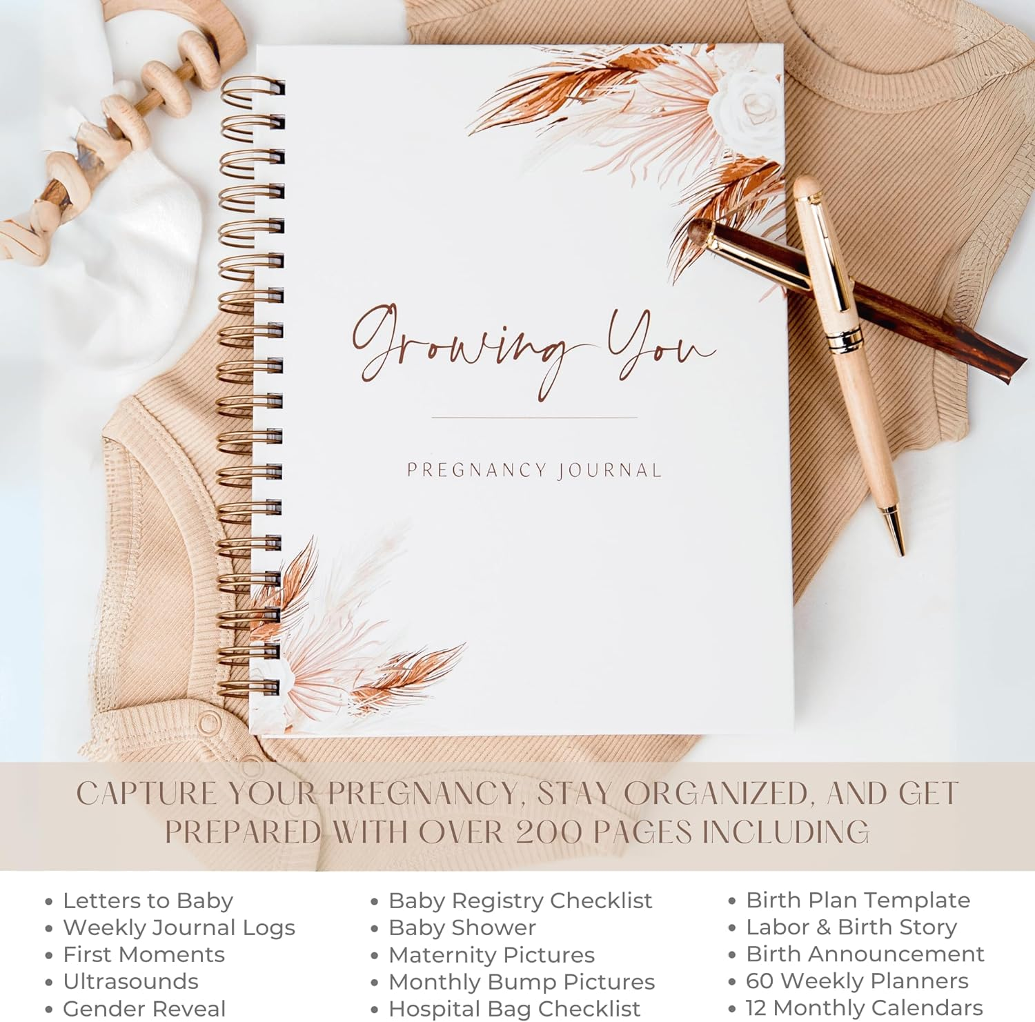 Keepsake Pregnancy Journal W/200+ Pages | Boho Themed Pregnancy Planner, Scrapbook and Memory Book | Baby Journal | Birth Planner | 8 Tab Dividers | Brown Twin Spirals | Two Inner Pockets | Ideal Gift image number 3