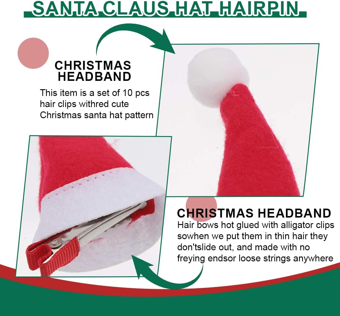 OIXEYA Pack of 10 Christmas Hair Accessories, Mini Christmas Hat Hair Clips, Christmas Gifts for Children, Girls, Women, Christmas Hat Decoration Hair image number 3