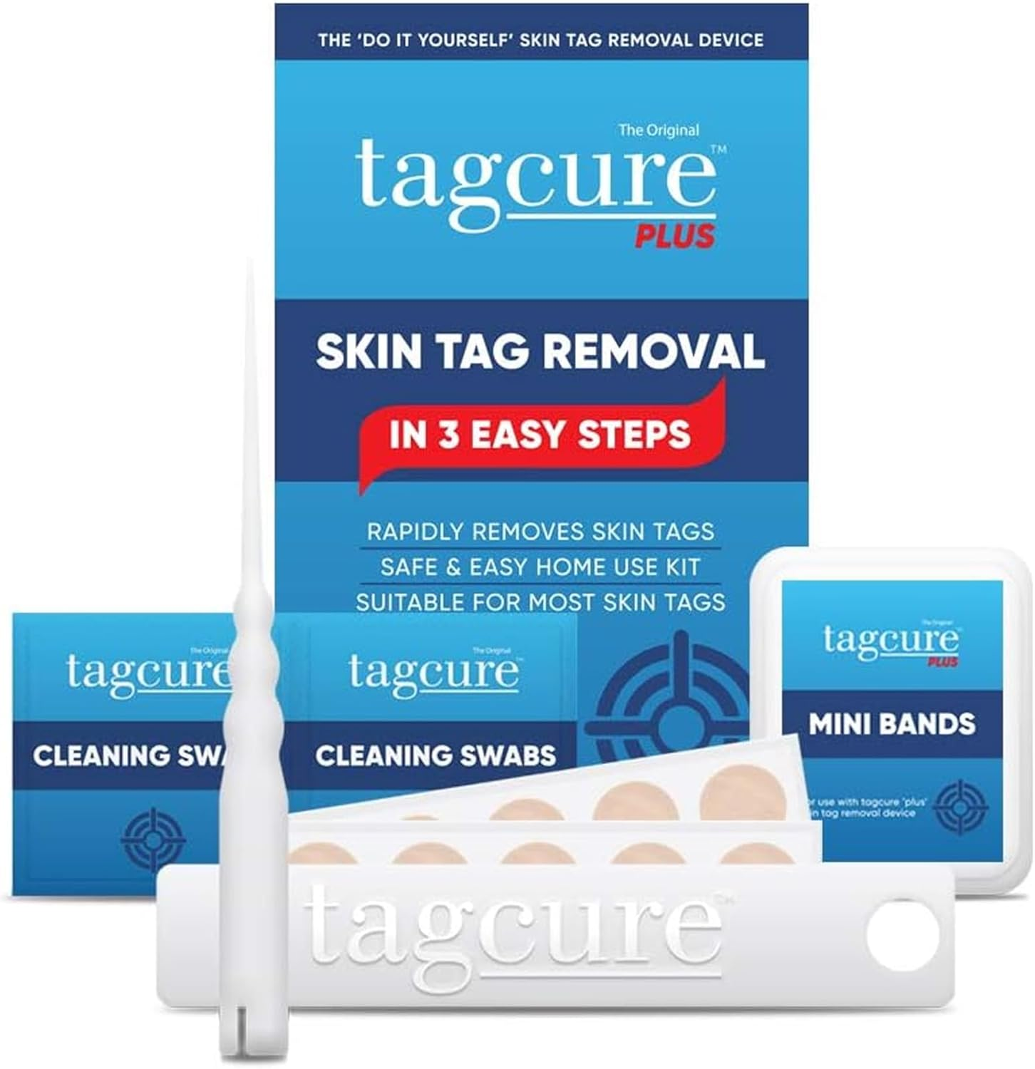 Tagcure Skin Tag Removal Top up Pack for Easy Skin Tag Removal - Includes 20 X Tag Bands, 20X Cleaning Swabs & 20X Plasters to Cover Tag Area image number 1