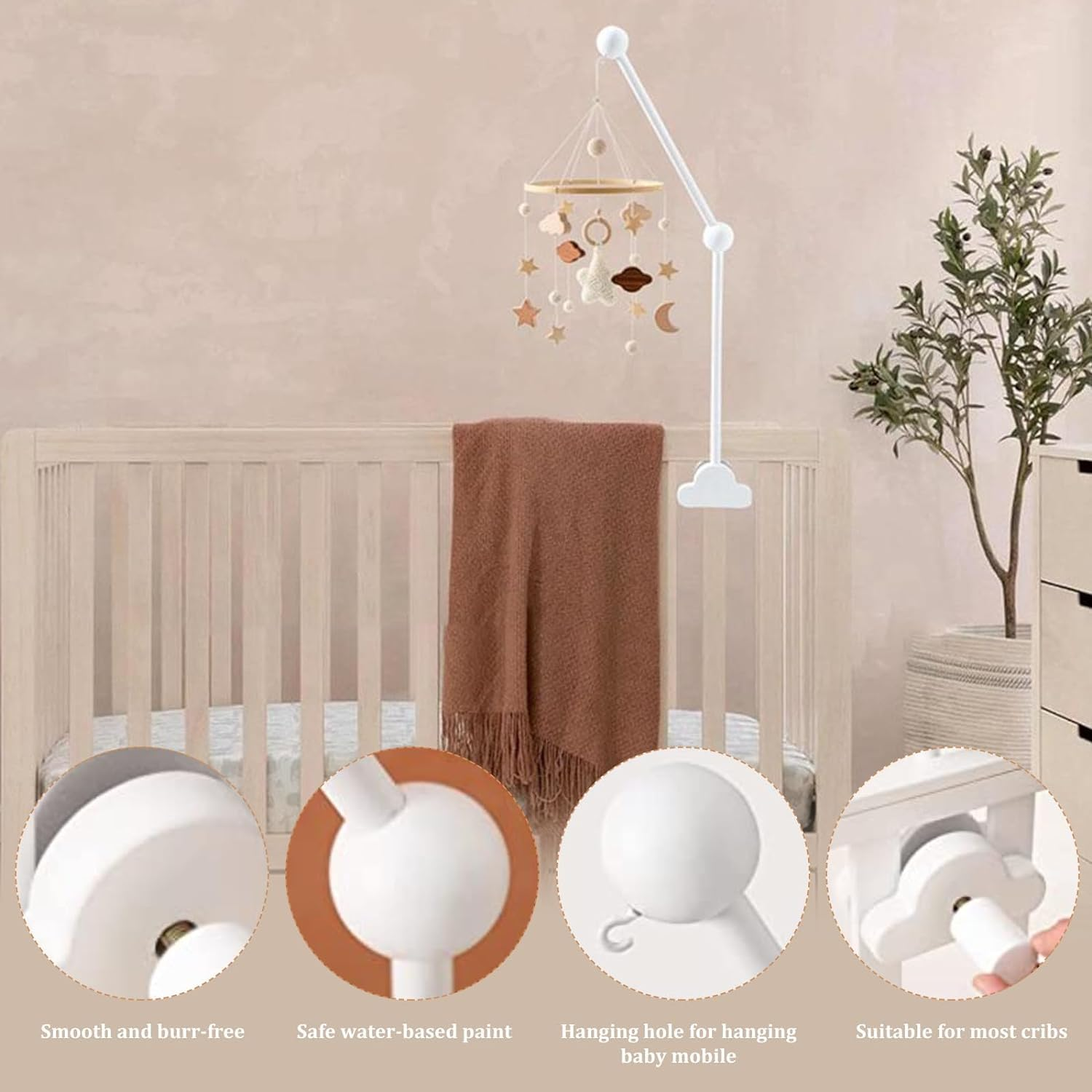 Baby Crib Mobile Arm,Wooden Baby Crib Mobile Holder,Cot Hangingarm Wooden,Adjustable Hanger for Nursery Decor Mount Bed Bell Holder(White) image number 1