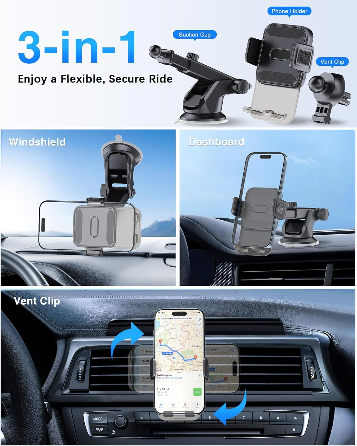 OUNAIDE Car Phone Holder Mount, 3-In-1 Dashboard Windshield Air Vent Phone Mount with Strong Grip, Rotatable Car Vent Phone Holder for Iphone, Samsung Galaxy & All Smartphones image number 2