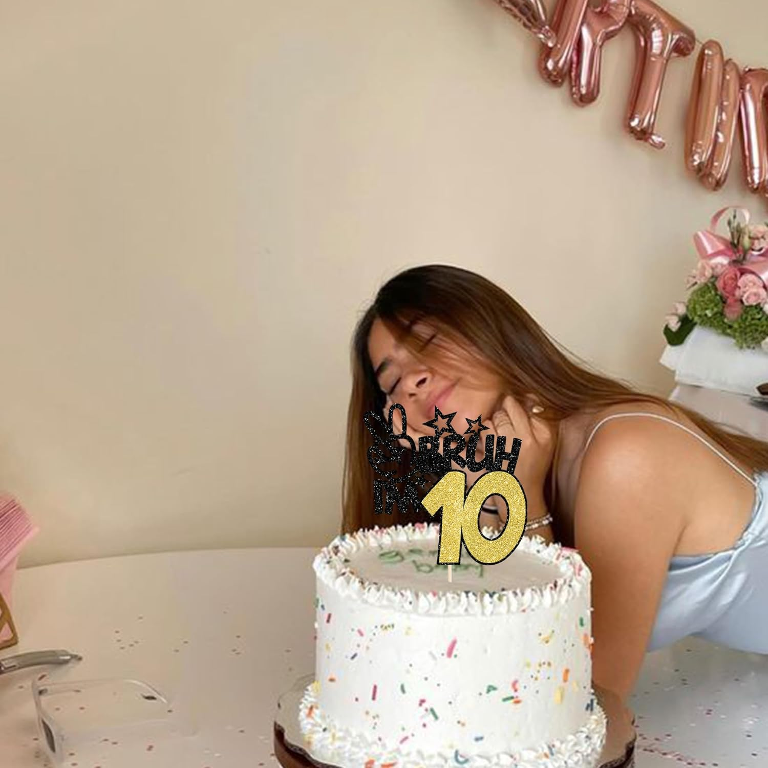 1 Pack Black Glitter Bruh I'M 10 Cake Topper Glitter Happy 10Th Birthday Cake Pick Funny 10Th Birthday Cake Decorations Party Supplies (Black Gold, 10Th 01) image number 2