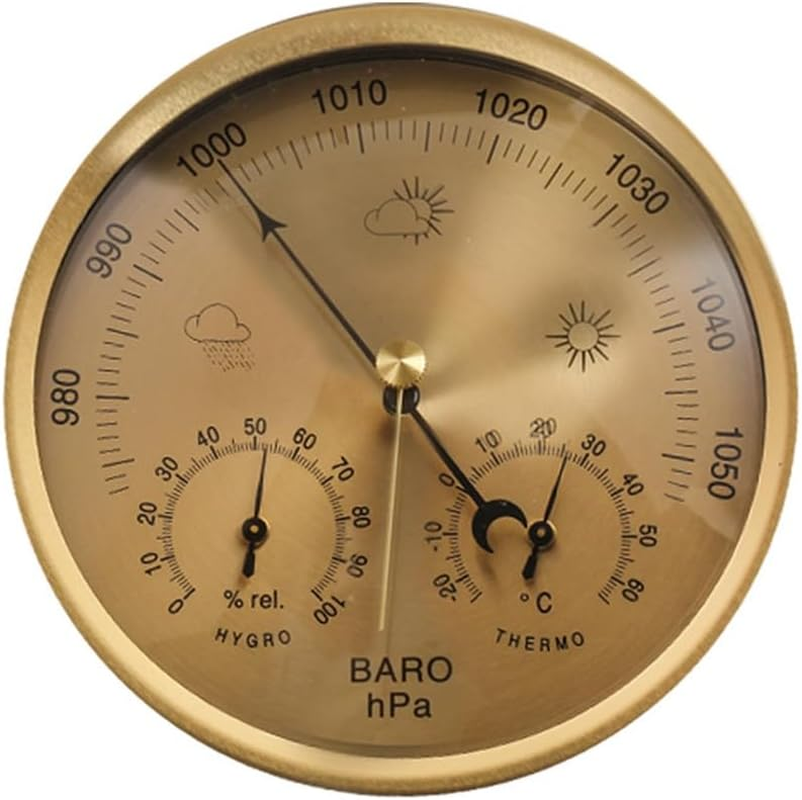 3-In-1 Dial Barometer Thermometer Hygrometer (Gold) Metal+Abs+Acrylic for Home, Wall Decor, Baby Room, Fishing 1 Piece