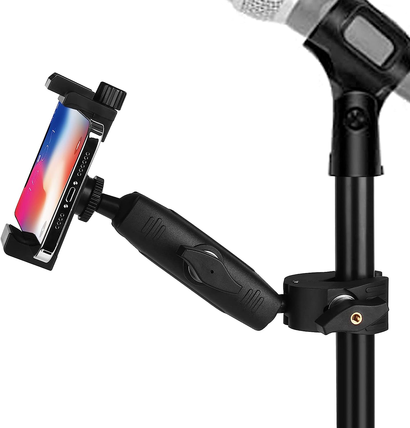 Music Boom Microphone Mic Stand Phone Holder Mount with Long Arm and Super Clamp 360&deg; Rotation for Phone 14 13 12 11 MAX Pro Samsung Galaxy S22 S21 Google Pixel, 3.5 to 7" Smartphone