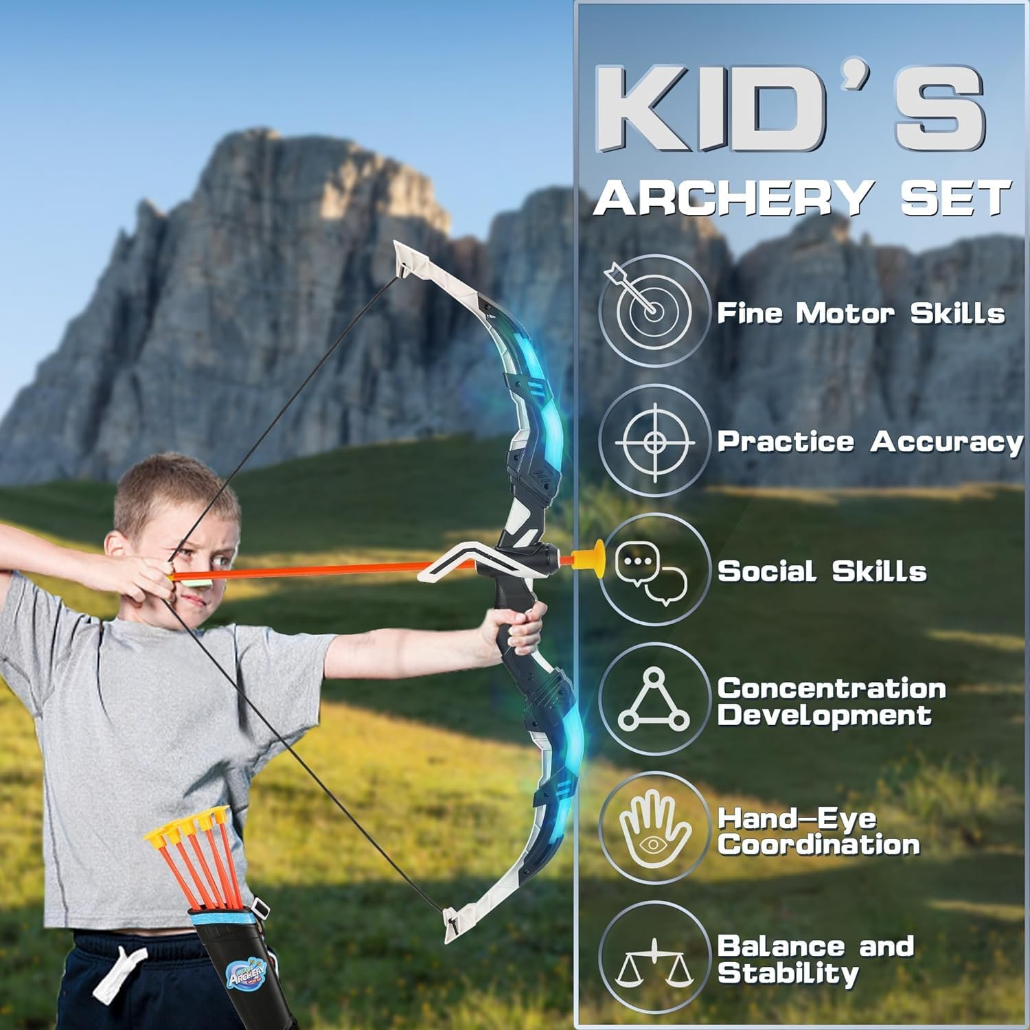 Bow and Arrow Set for Kids, 2-Pack LED Light up Archery Set with 20 Suction Cup Arrows, Outdoor Toy for Boy Girl Age 4-8 8-12 with Standing Target&2 Quivers, Birthday Kid 5 6 7 8 9 Year Old image number 2