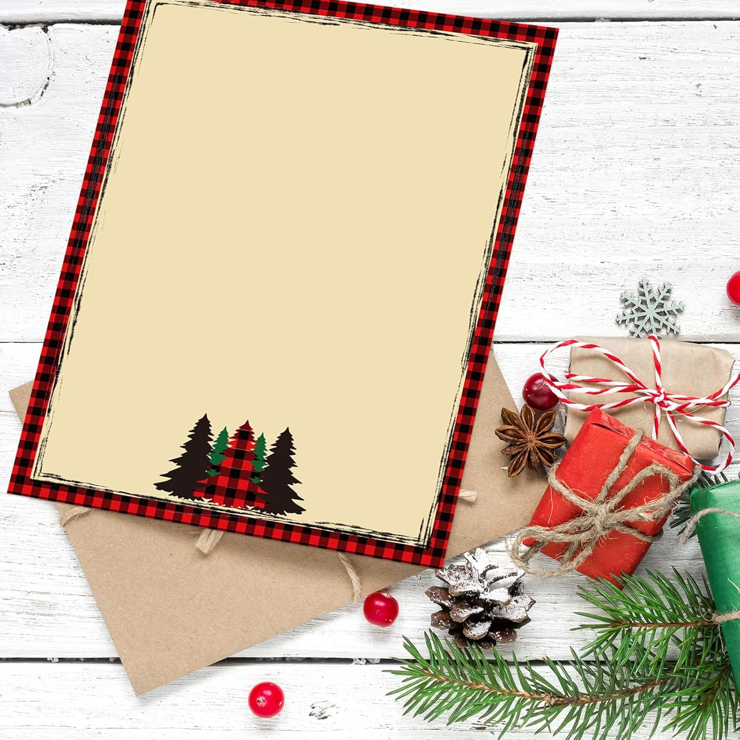 Whaline 60Pcs Christmas Stationery Paper Xmas 4 Designs Decorative Writing Paper Red Black Buffalo Plaid Border Letterhead for Notes Greeting Cards Invitations Office School Printing, 8.5 X 11 In image number 4