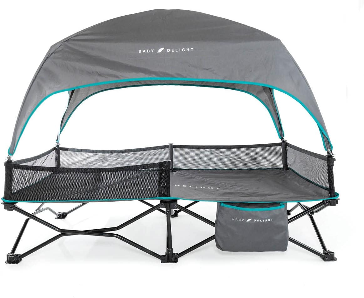 Baby Delight Go with Me Bungalow Deluxe Portable Cot, Toddler Travel Bed, Indoor and Outdoor, Sun Canopy, Grey & Teal