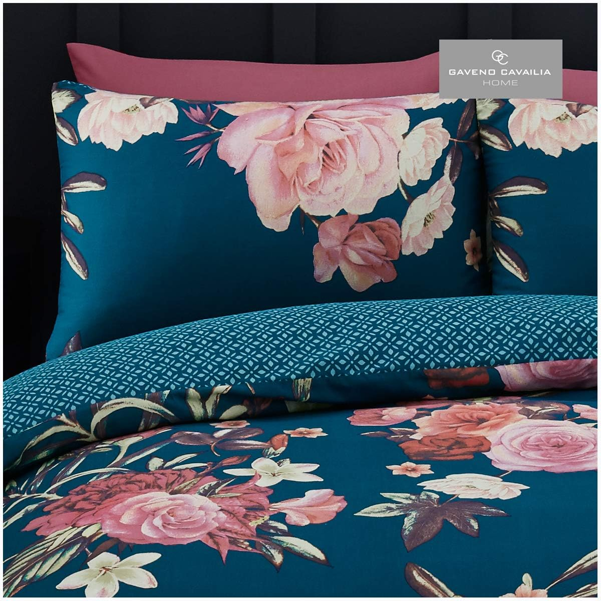 Easy Care Floral Printed Design Duvet Cover Set with Matching Pillowcase Geometric Bedding, King, Teal image number 4