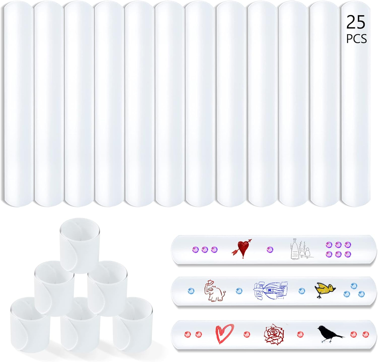 Novelty Place White Slap Bracelets, DIY Blank Party Wrist Strap Snap Band for Adult Teens & Kids - Classroom Craft Activity Prize Gift Costume (Pack of 25)