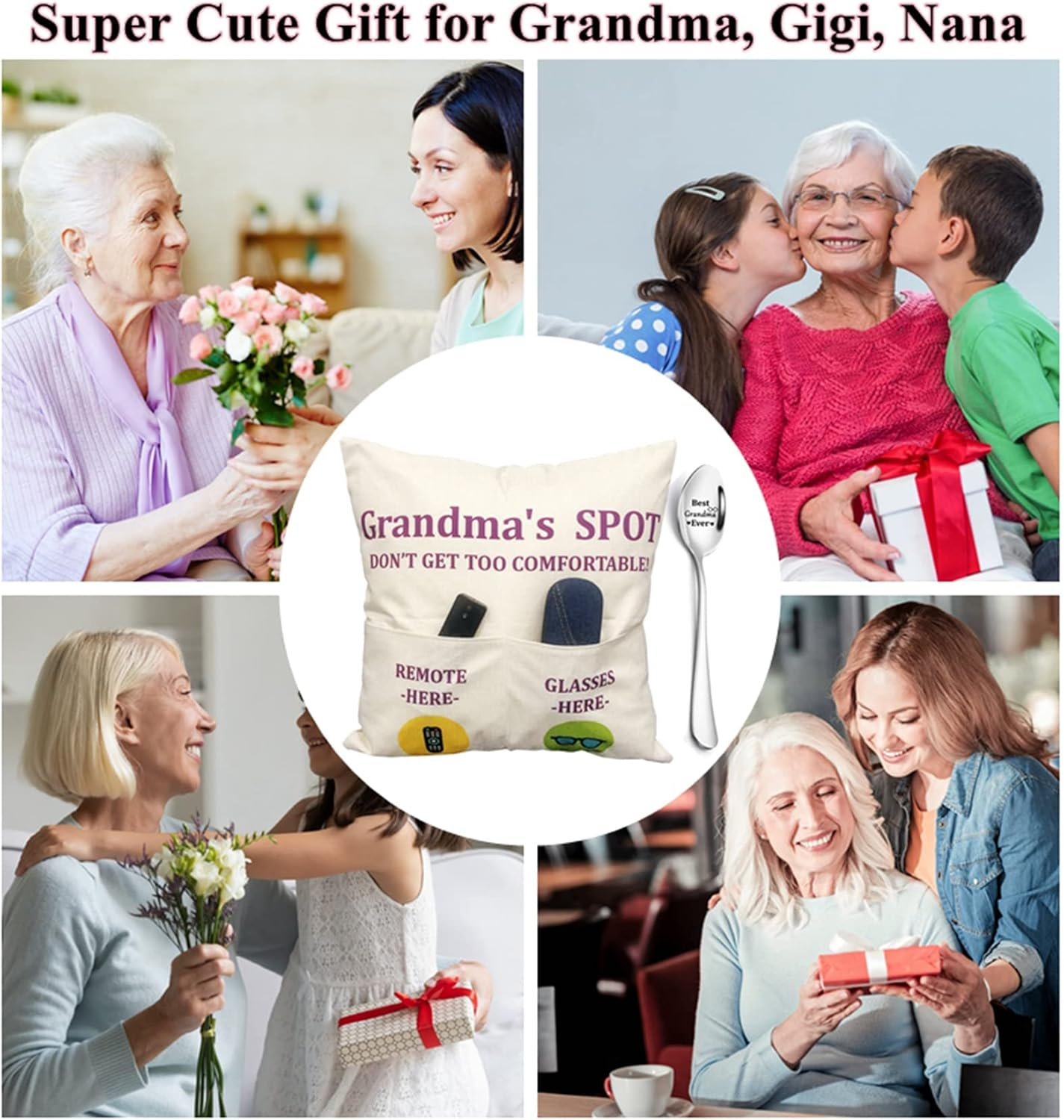 ZUYUROU Grandma Gifts, 2-Pocket Grandma&rsquo;S Spot Throw Pillow Covers 18X18 Inch + Grandma Ever Engraved Spoon, Birthday Christmas Anniversary Thanksgiving Day Gifts for Grandma Mom Gigi Nana Mimi