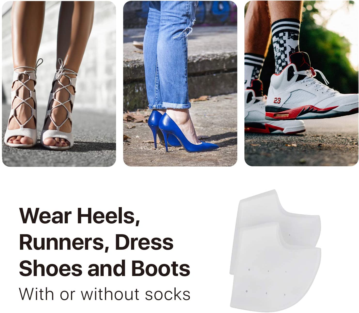 Flexzion Heel Cups, Plantar Fasciitis Inserts (3 Pairs), Silicone Socks Insoles Gel Heel Pads Cushion Protectors for Sore Heel Pain Relief, Heal Repair Dry Cracked Heels, Tendinitis, for Men & Women image number 5