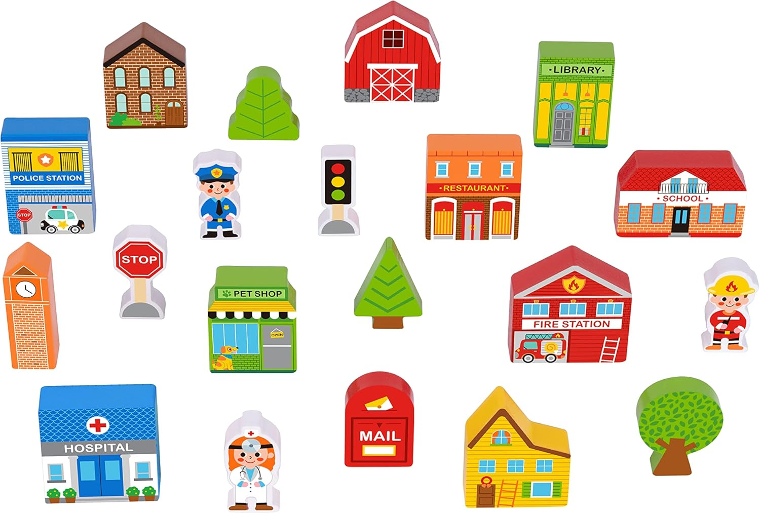 Tooky Toy Town Play Set in Wooden Case: Wooden Town Building and Figurines Pretend Play City Set image number 3