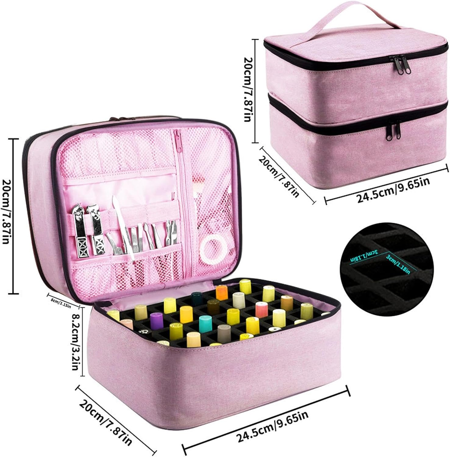 Double Layer Nail Polish Storage Bag Nail Polish Case Organiser Large Zipped Storage Case for Nail Polish 25 X 20 X 19 Cm, Pink, Se R&eacute;f&eacute;rer Au Descriptif, Refer to Description - Black image number 7