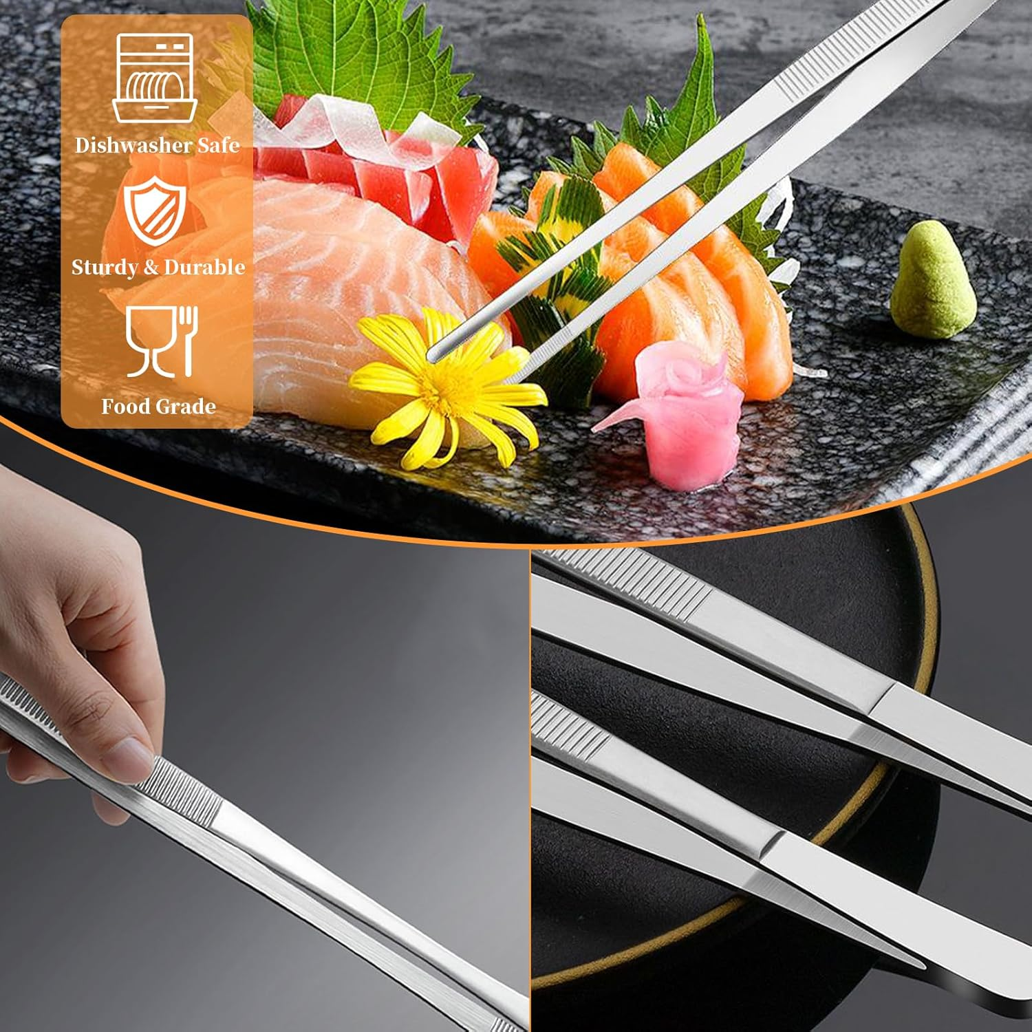 4 PCS Kitchen Fine Tweezer Set, 2 PCS round & 2PCS Straight Serrated Tips Tongs Tweezer, 25CM & 30CM Cooking Tweezers, Stainless Steel Food Tweezers for Sea Food BBQ Medical Beauty Repairing (4Sivery) image number 3