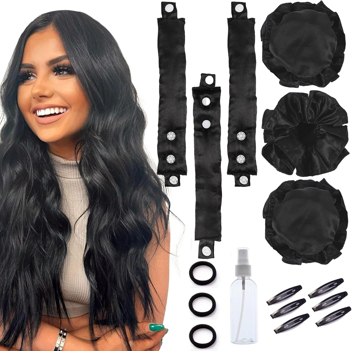 CLIONE 3 Sets Overnight Heatless Curls Blowout Rods Silk Hair Curlers to Sleep in Satin Heatless Curling Set Zero Heat Bun Bons with Bonnet Cap No Heat Headband Roller Wrapper Fpink