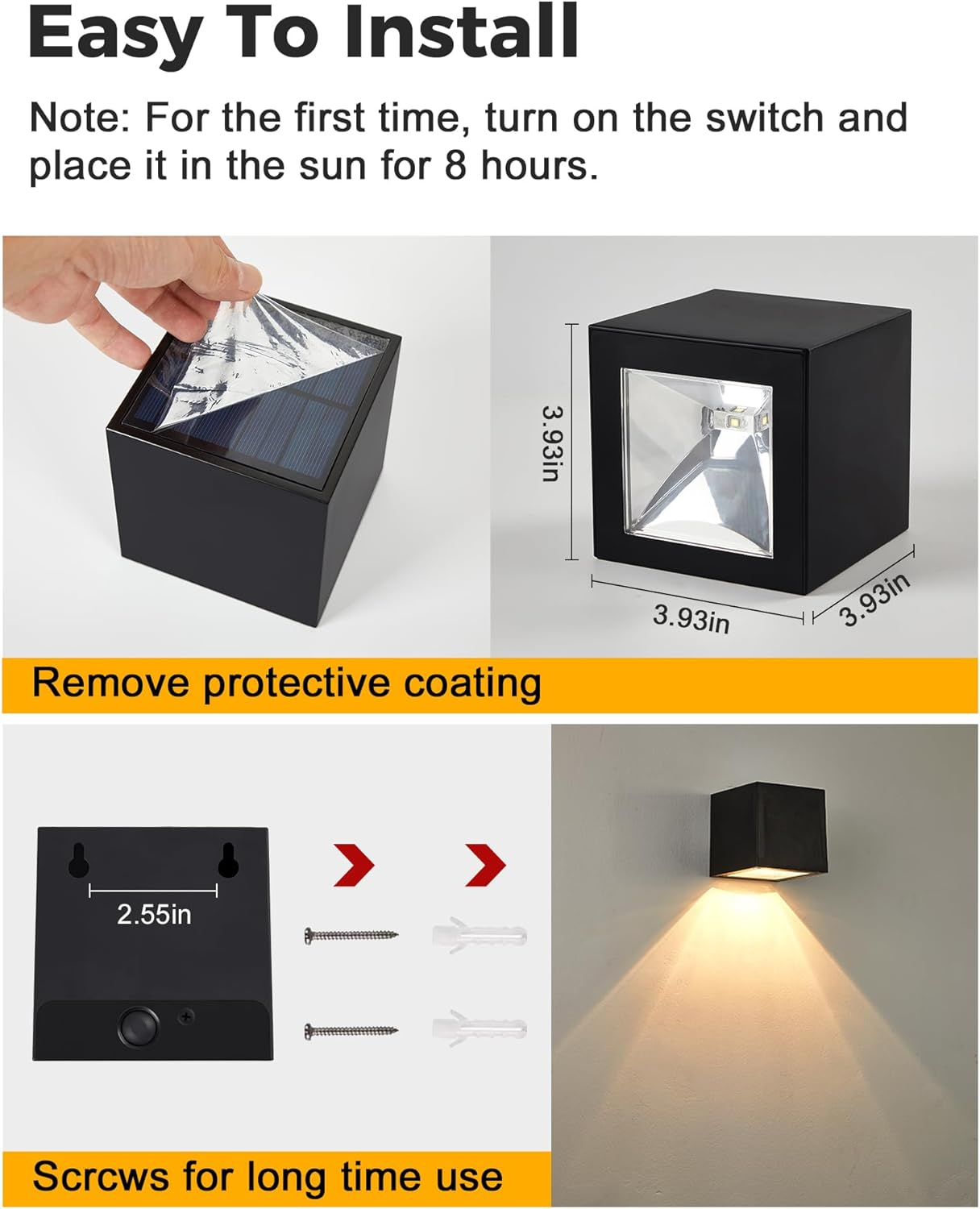 LUHLEE Solar Wall Lights Outdoor, Square Modern Solar Wall Sconce Lights IP65 Waterproof down Lighting for House Wall, Porch, Garden, Yard, Patio, Fence Decor - Black image number 2