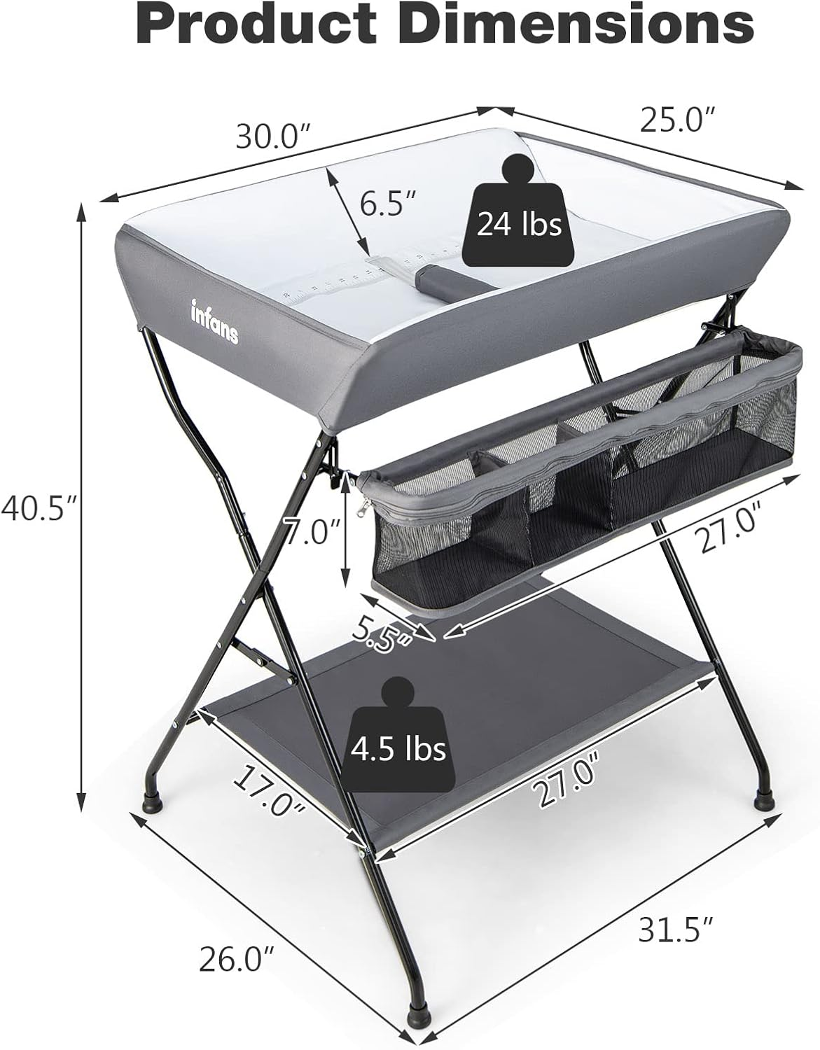 INFANS Baby Portable Changing Table, Infant Diaper Station with Storage Basket & Shelf, Foldable Nursery Organizer (Grey) - Black image number 3